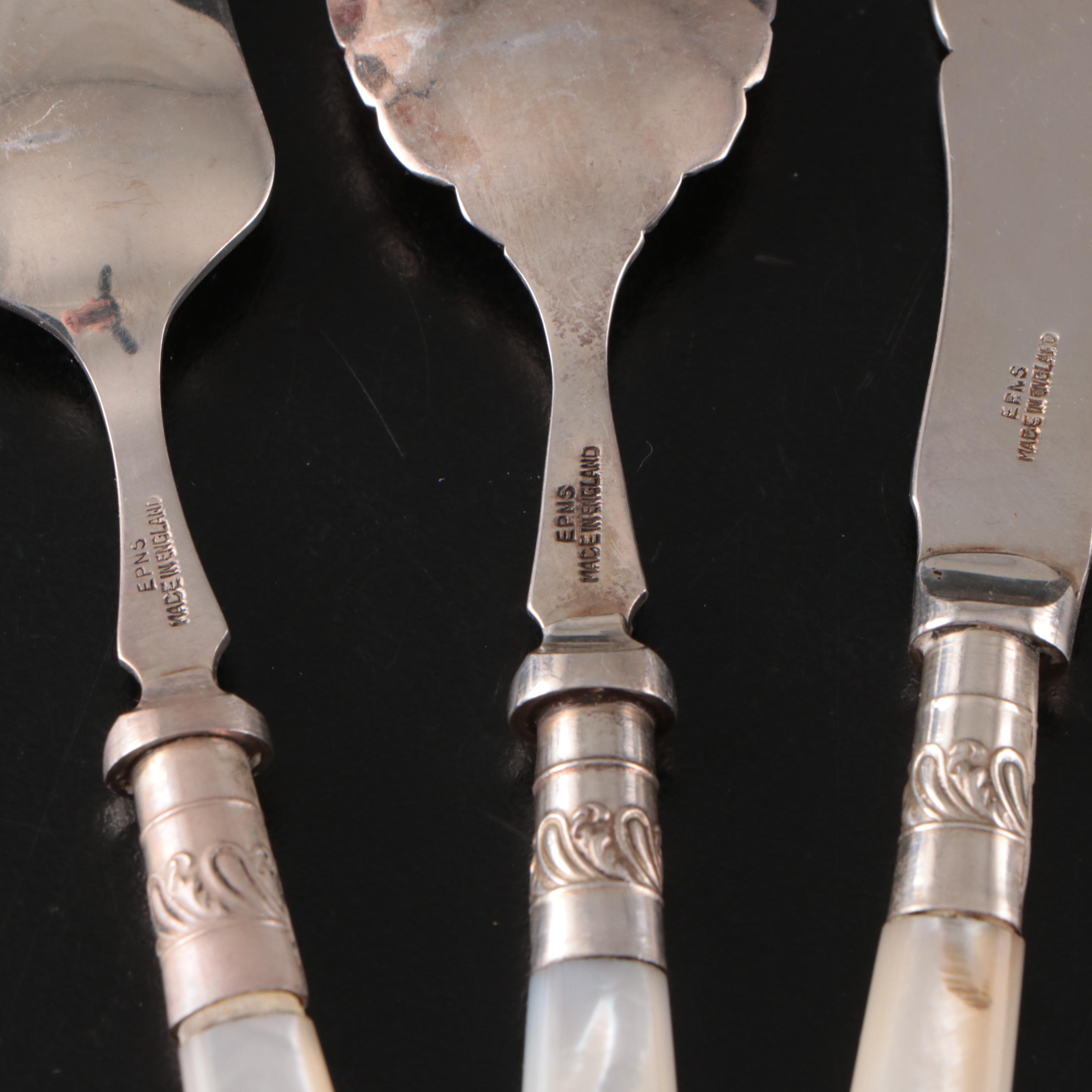 English Maleham & Yeomans Sterling Bostered MOP Knives with Other Tableware