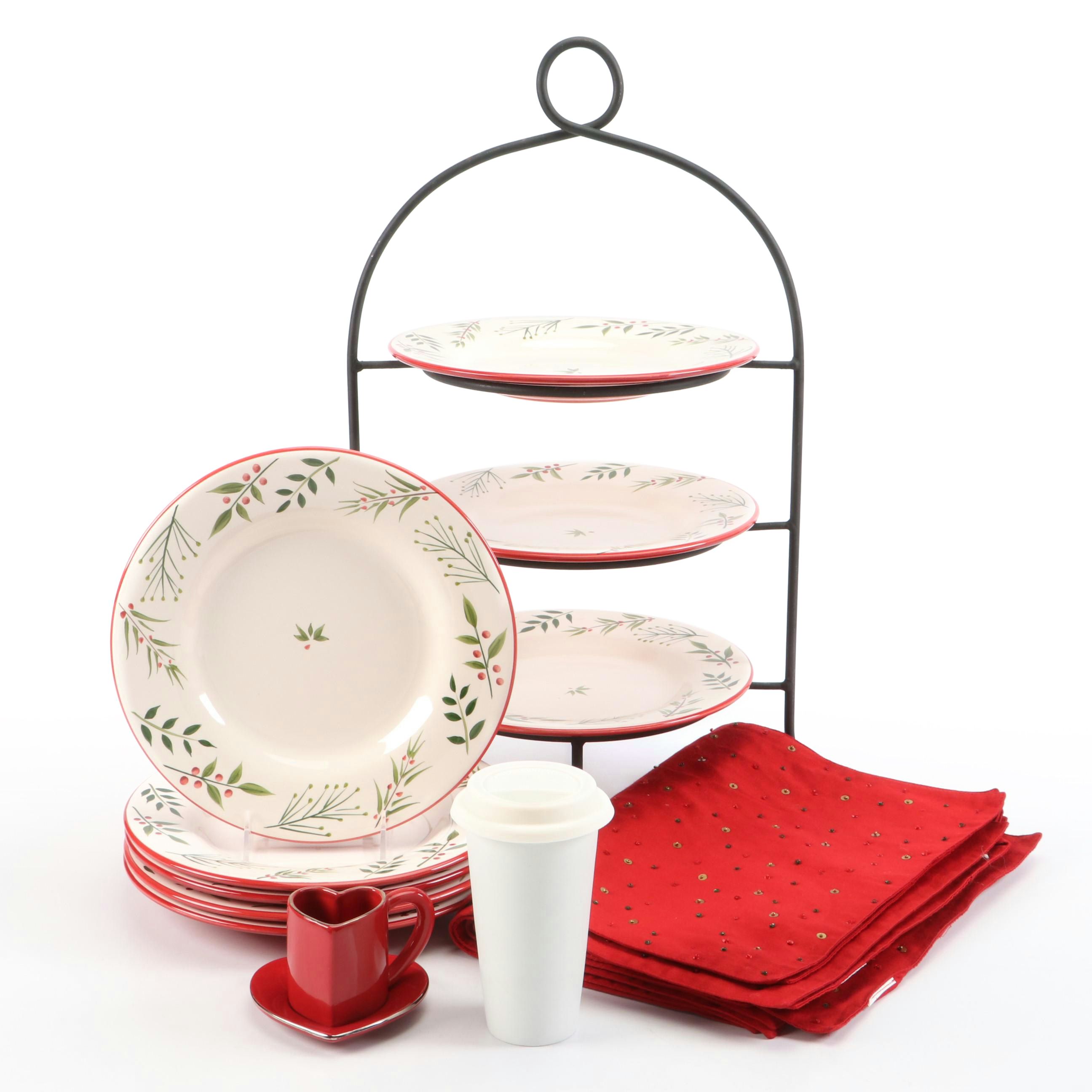 Hand-Painted Christmas Motif Dinner Plates, Three-Tiered Plate Rack and More