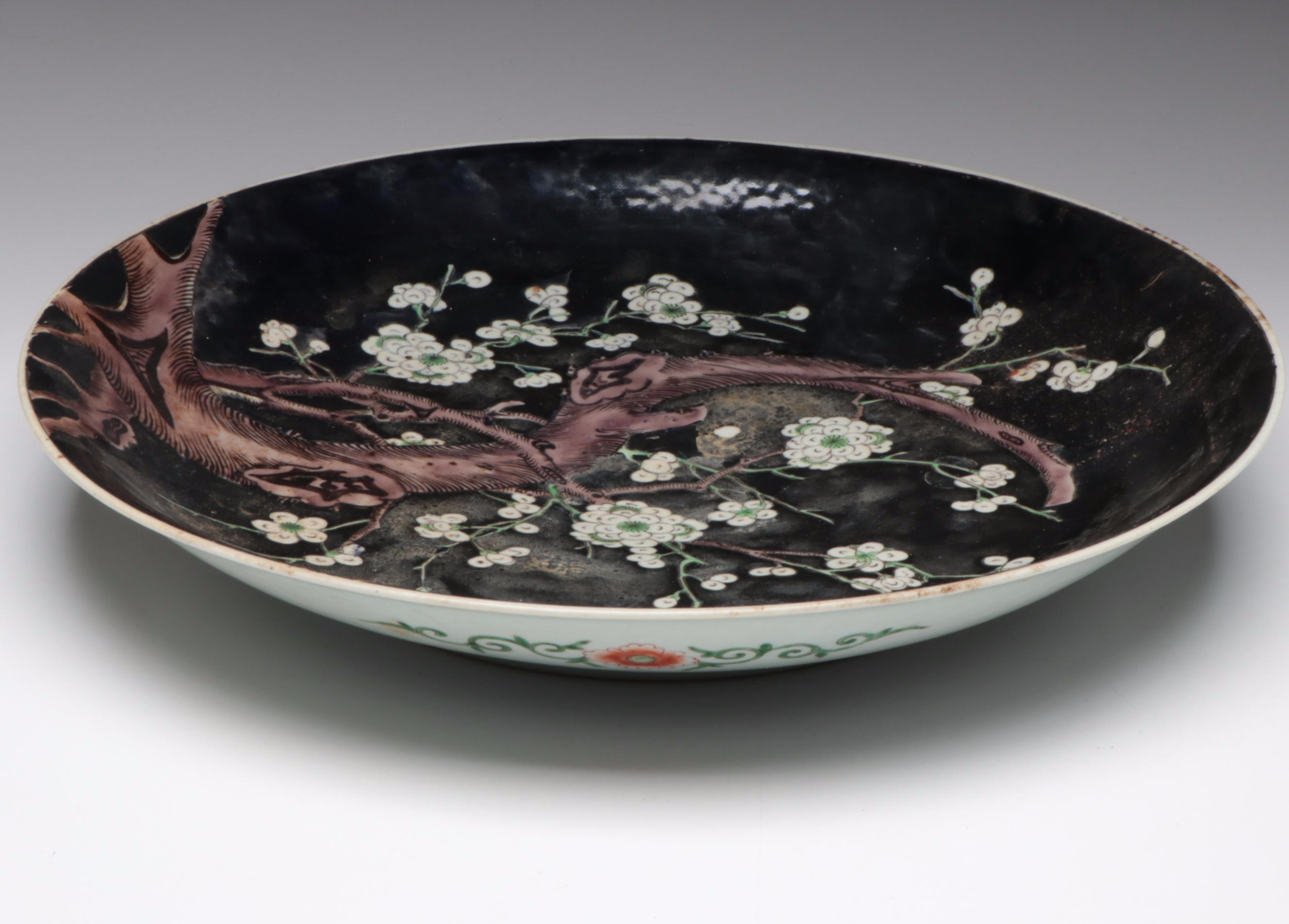 Chinese Kangxi Style Black Ground Cherry Blossom Dish
