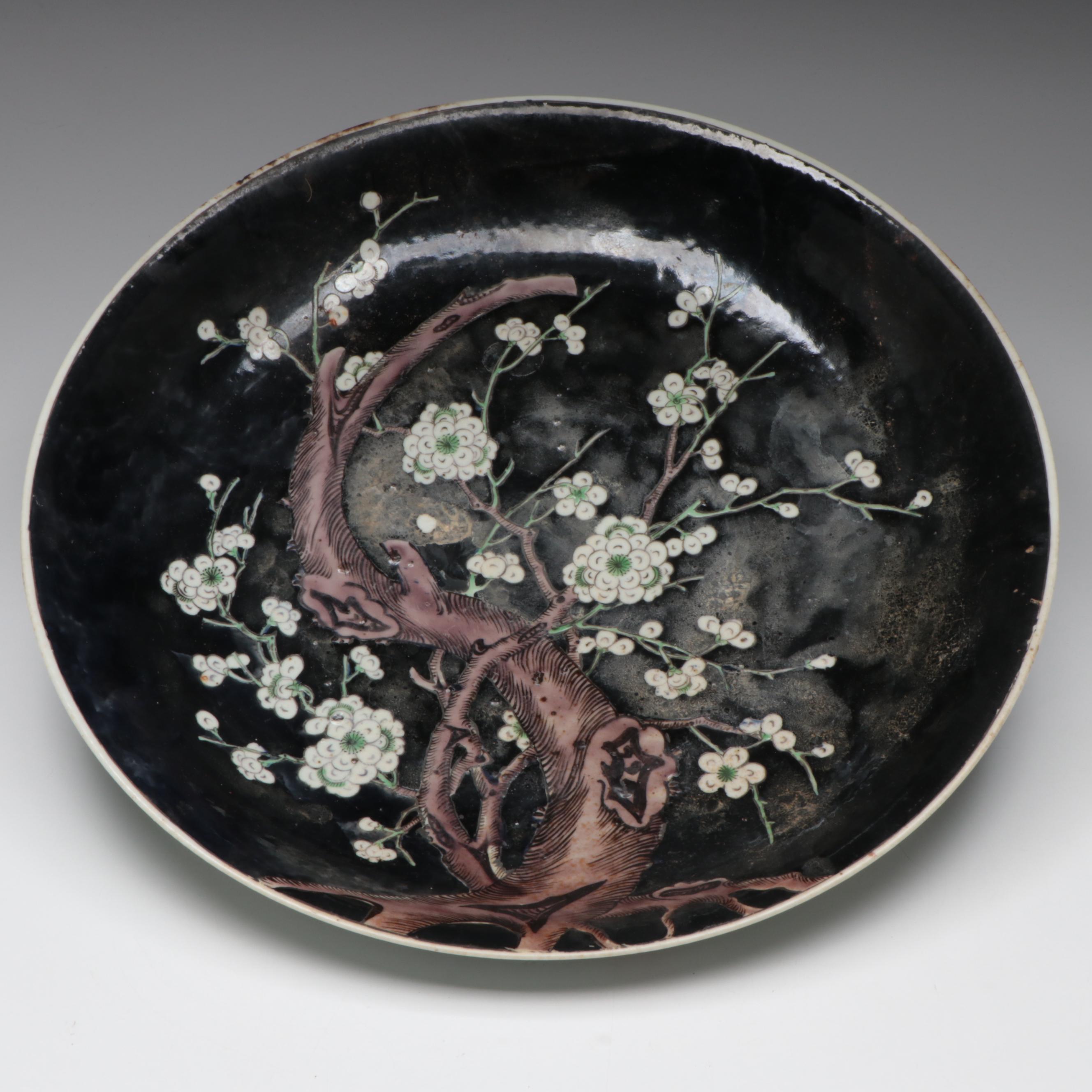 Chinese Kangxi Style Black Ground Cherry Blossom Dish