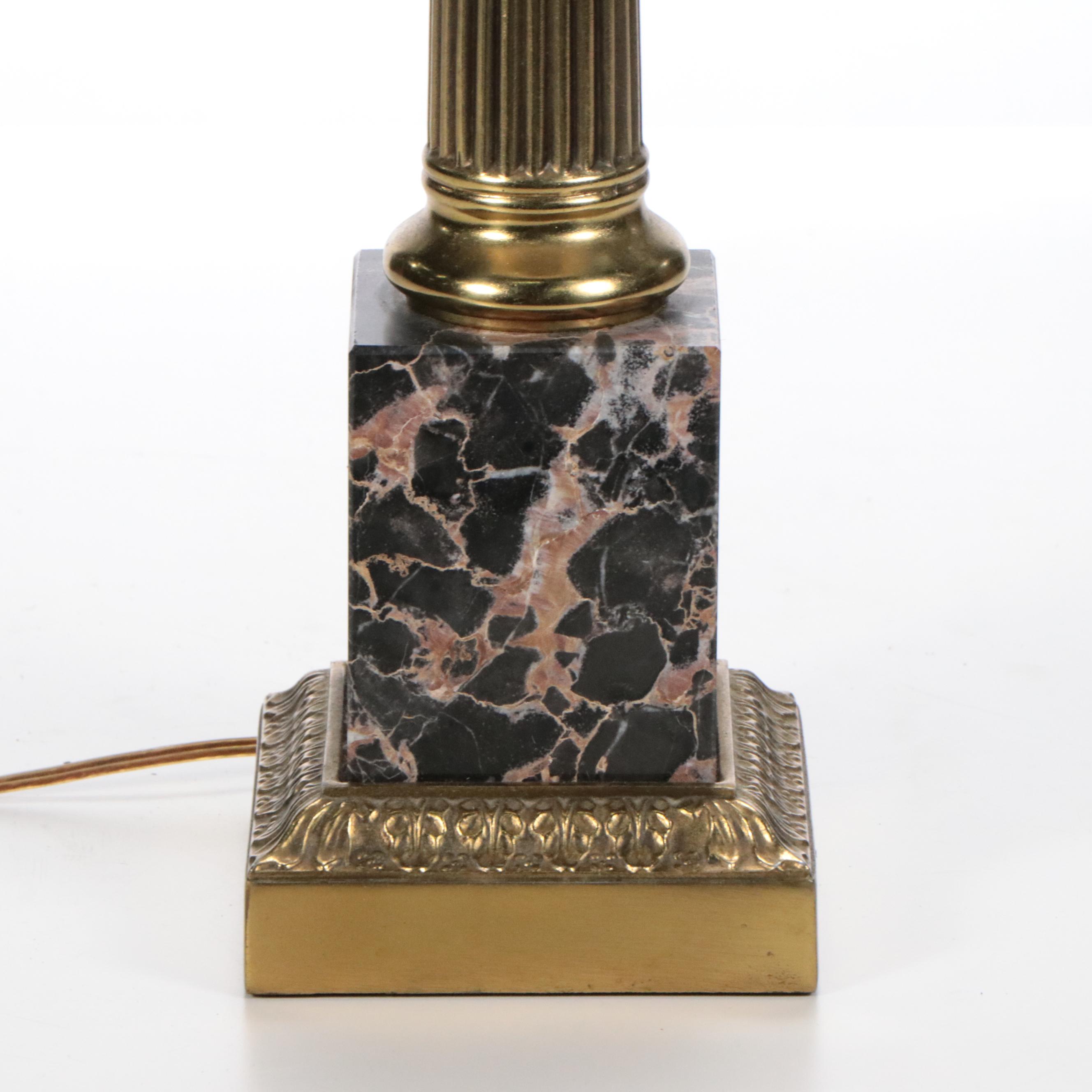 Westwood Pink and Black Marble and Brass Column Table Lamp with Silk Shade