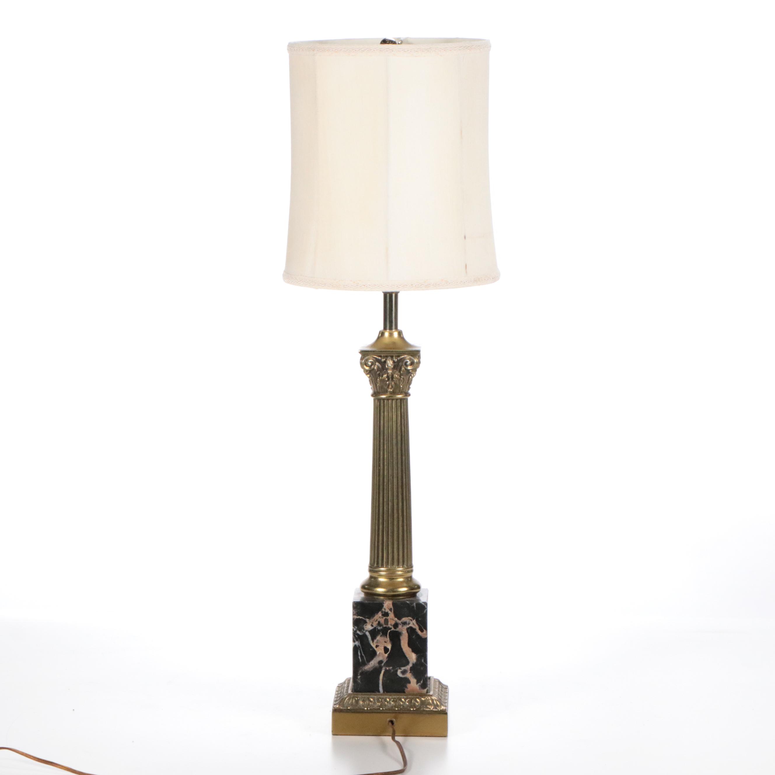 Westwood Pink and Black Marble and Brass Column Table Lamp with Silk Shade