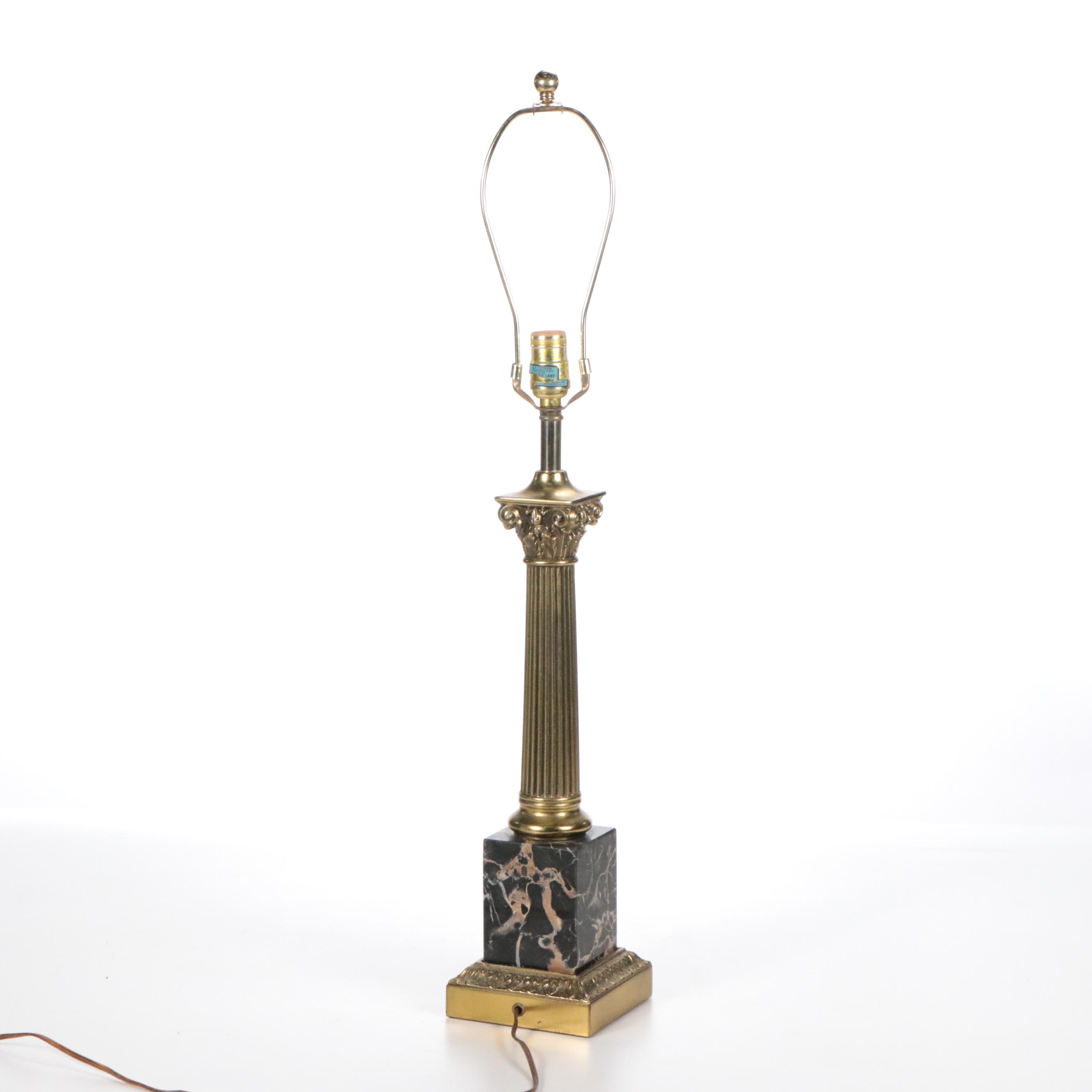 Westwood Pink and Black Marble and Brass Column Table Lamp with Silk Shade