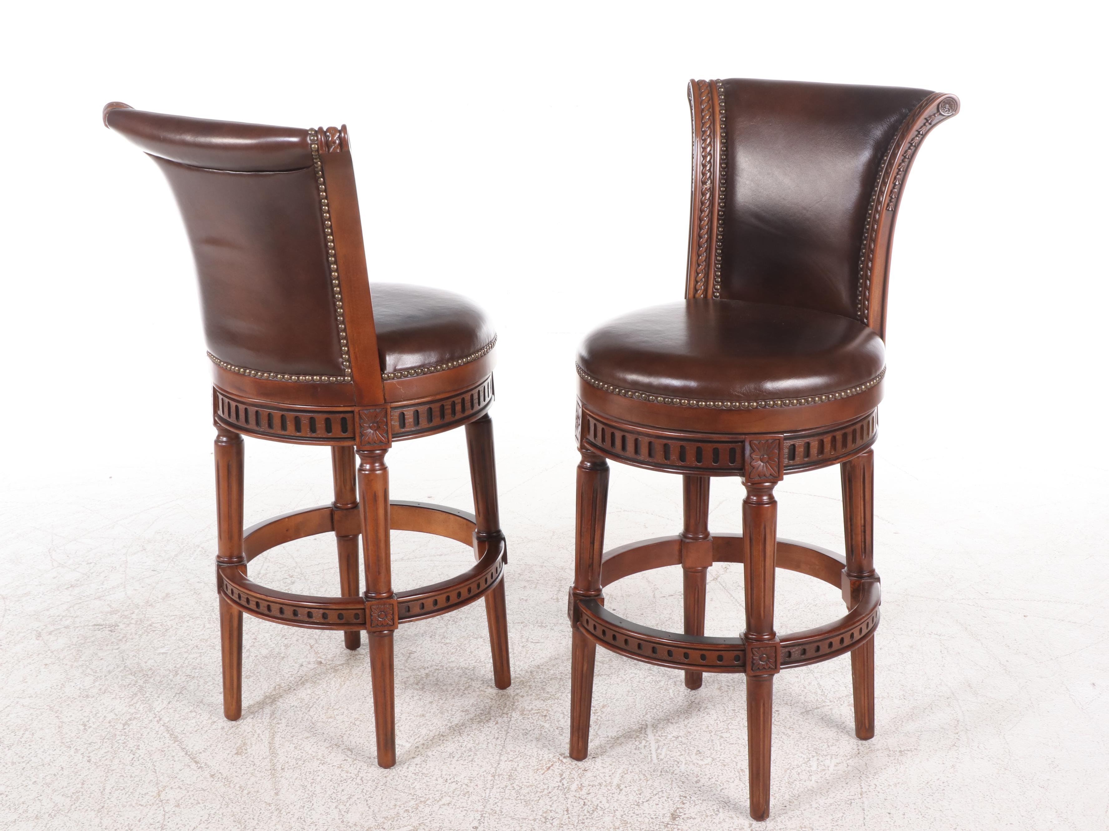 Three Frontgate Louis XVI Style Hardwood and Leather Swivel Bar Stools