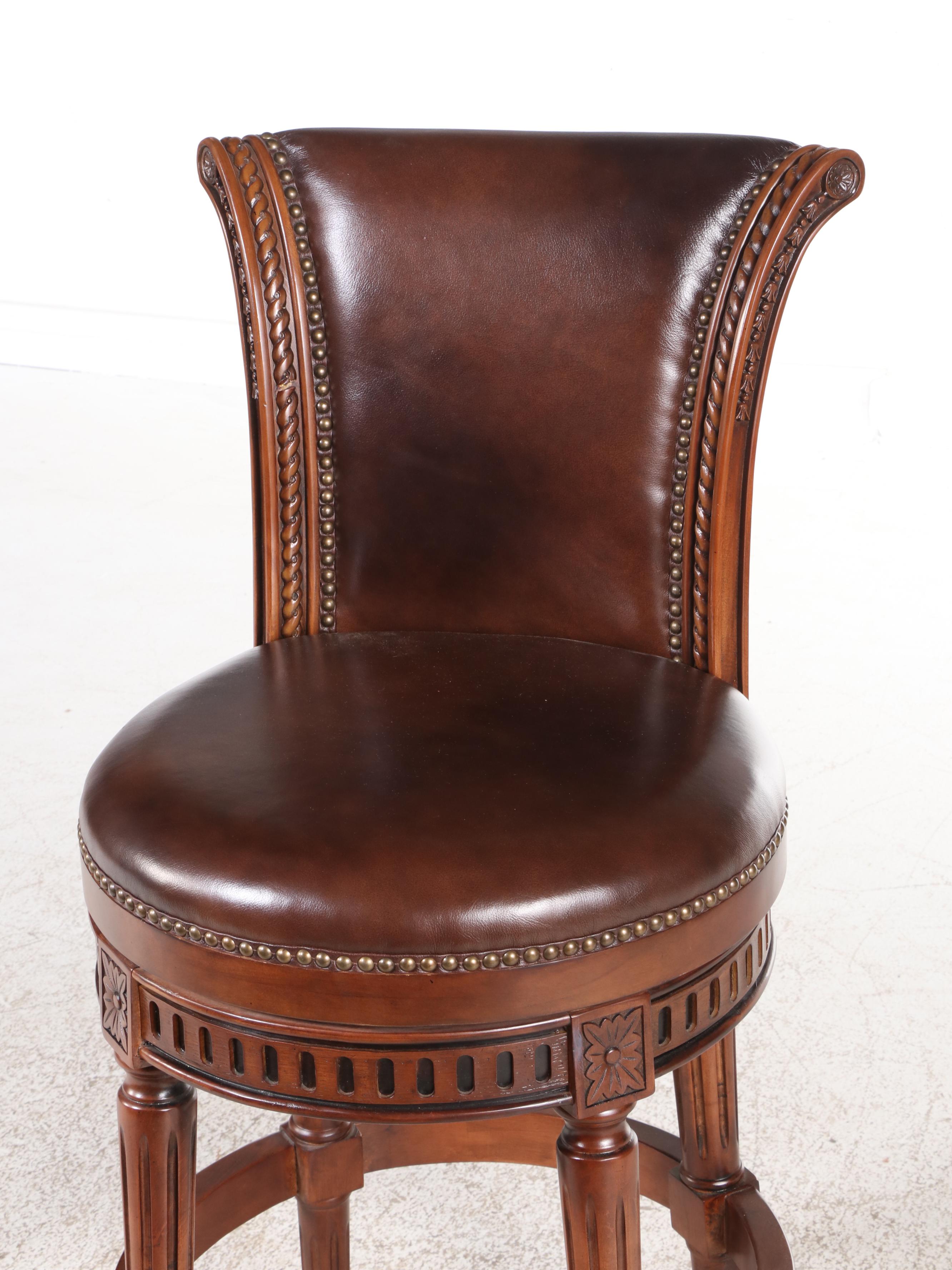 Three Frontgate Louis XVI Style Hardwood and Leather Swivel Bar Stools