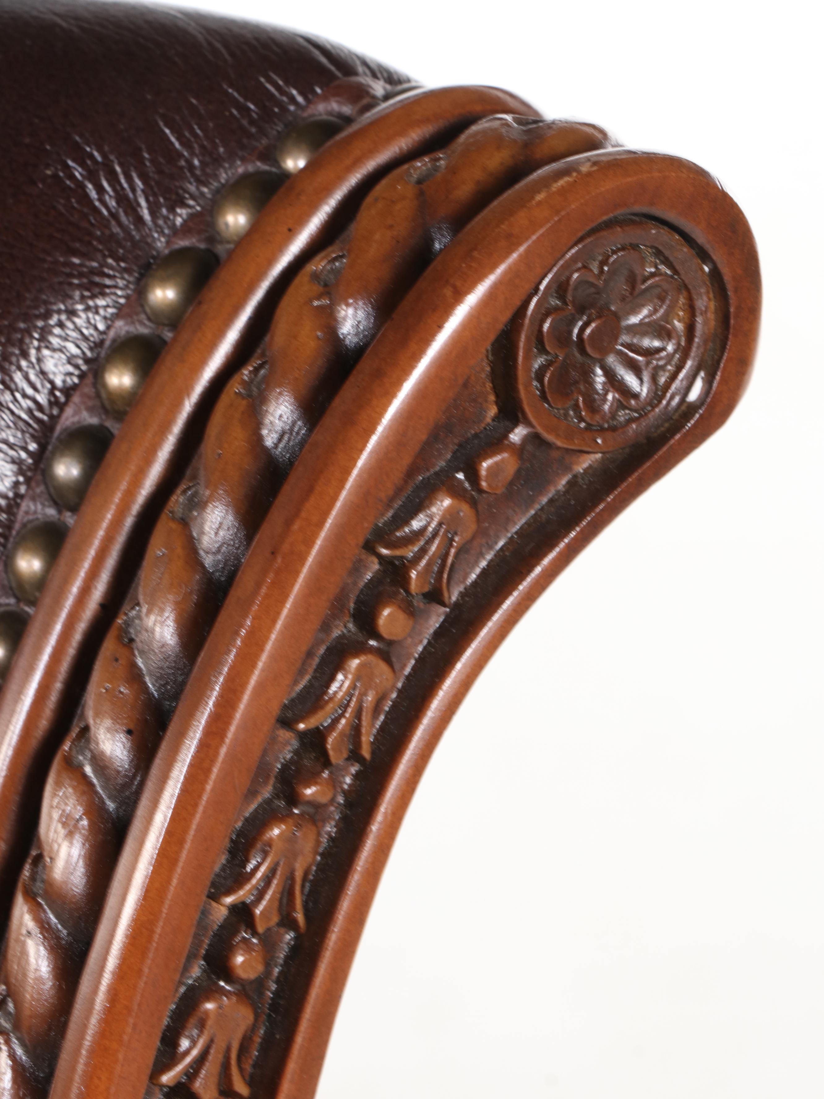 Three Frontgate Louis XVI Style Hardwood and Leather Swivel Bar Stools