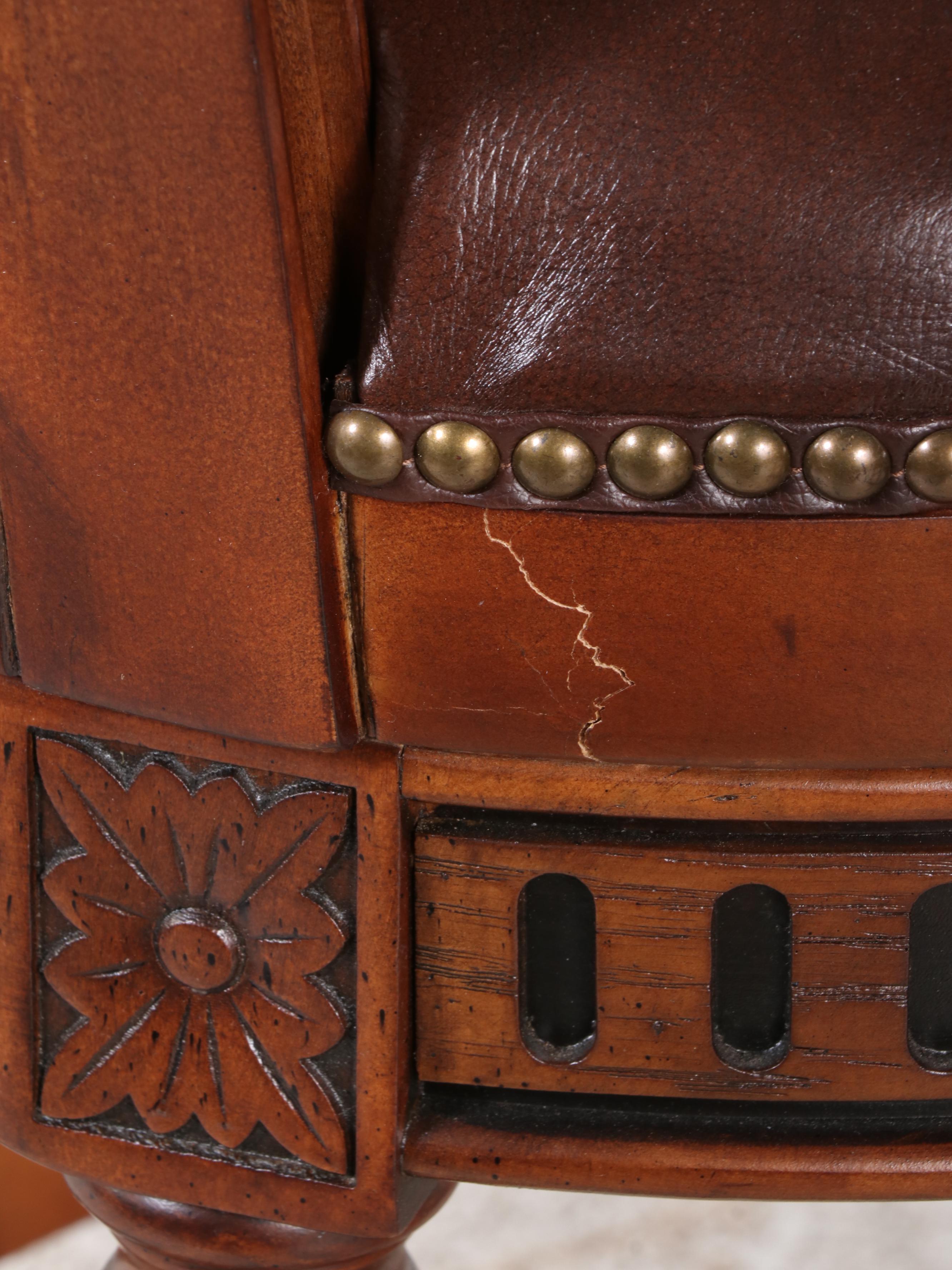 Three Frontgate Louis XVI Style Hardwood and Leather Swivel Bar Stools