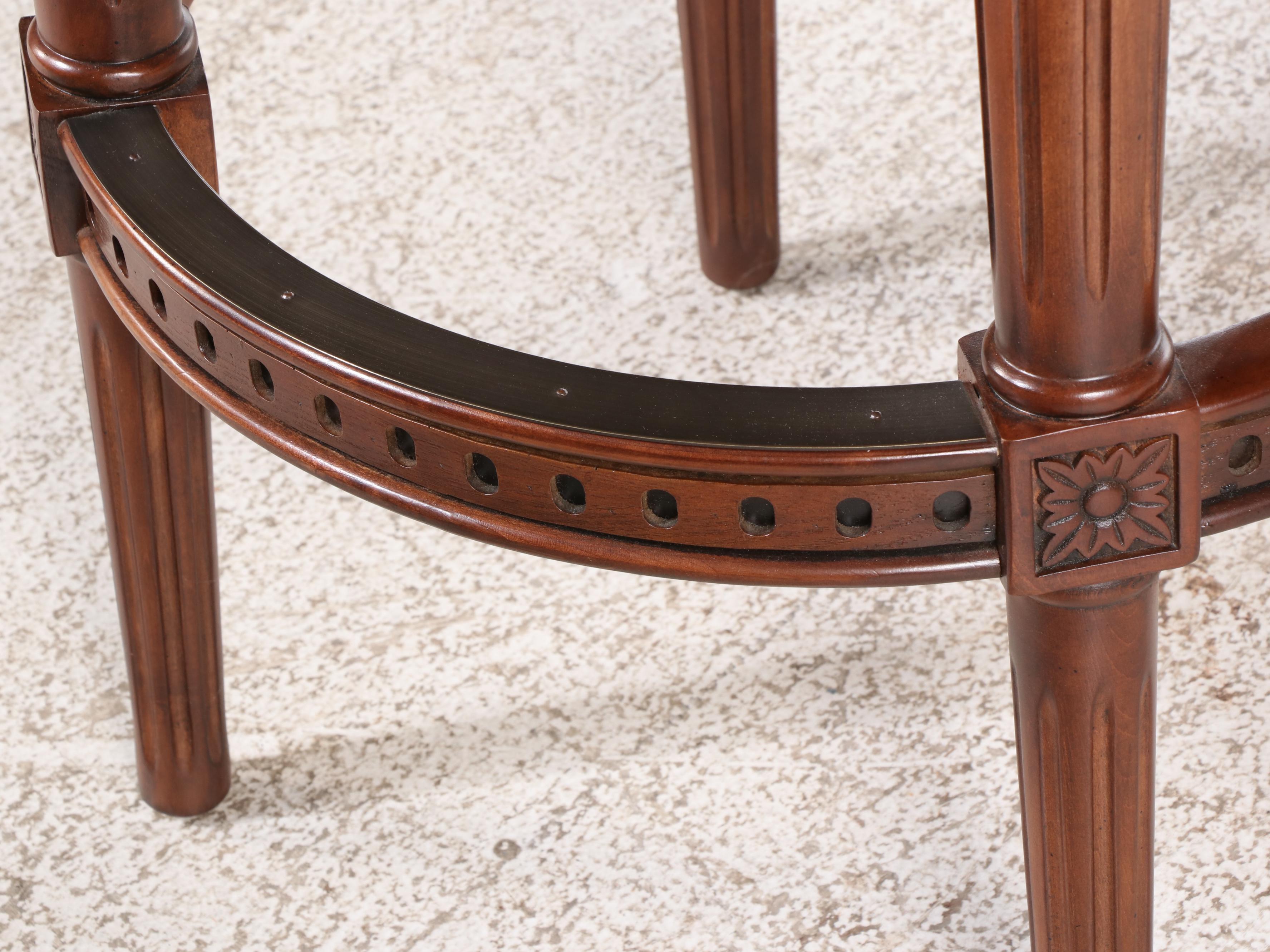 Three Frontgate Louis XVI Style Hardwood and Leather Swivel Bar Stools