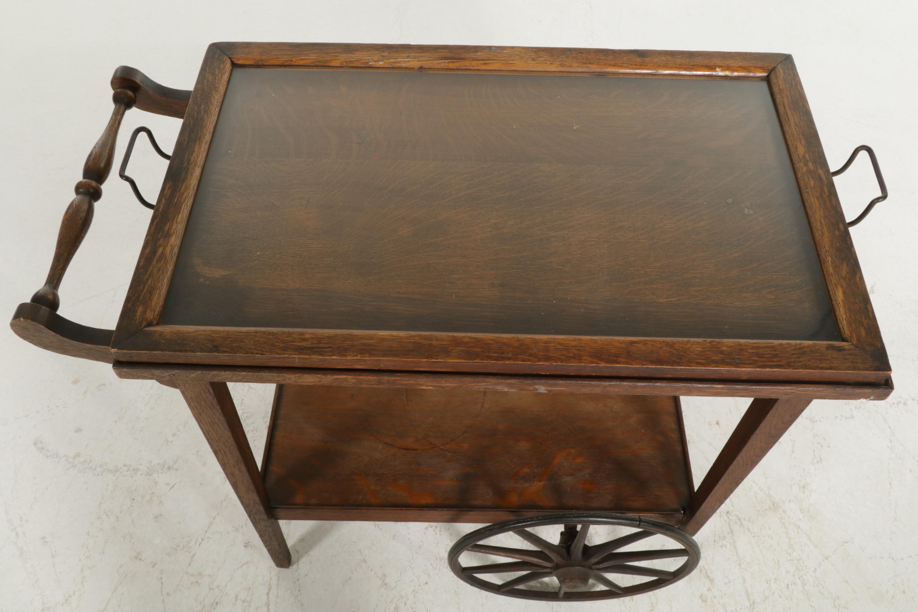 Oak Tray Top Bar Cart, Early to Mid 20th Century