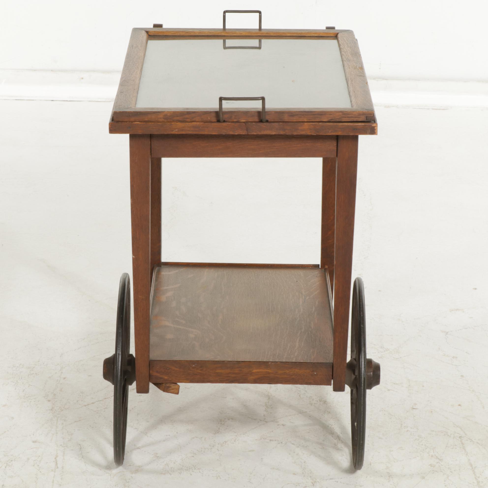Oak Tray Top Bar Cart, Early to Mid 20th Century