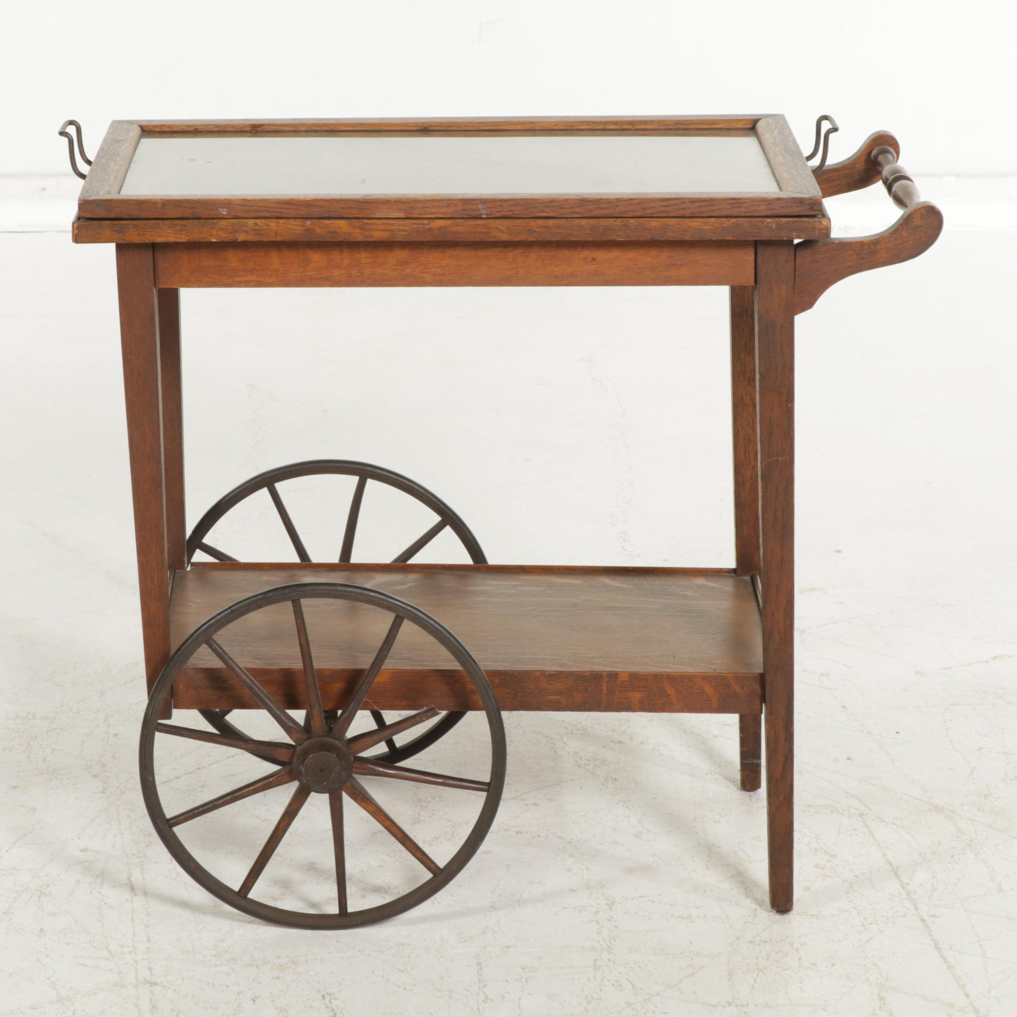 Oak Tray Top Bar Cart, Early to Mid 20th Century