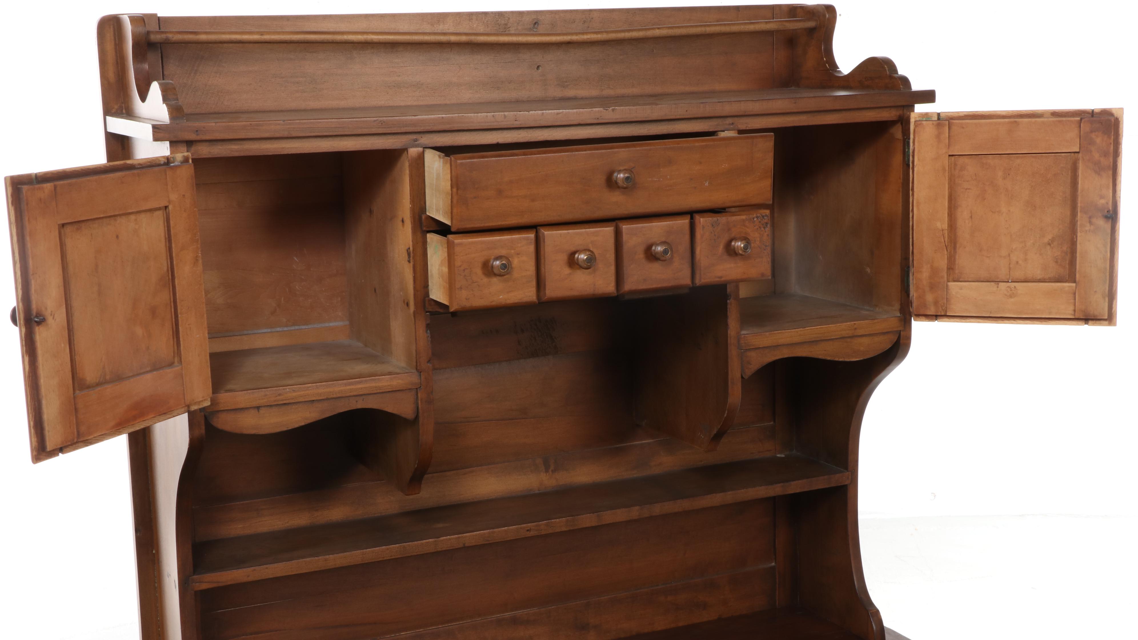American Primitive Walnut Work Table with Maple Hutch, 19th Century and Later