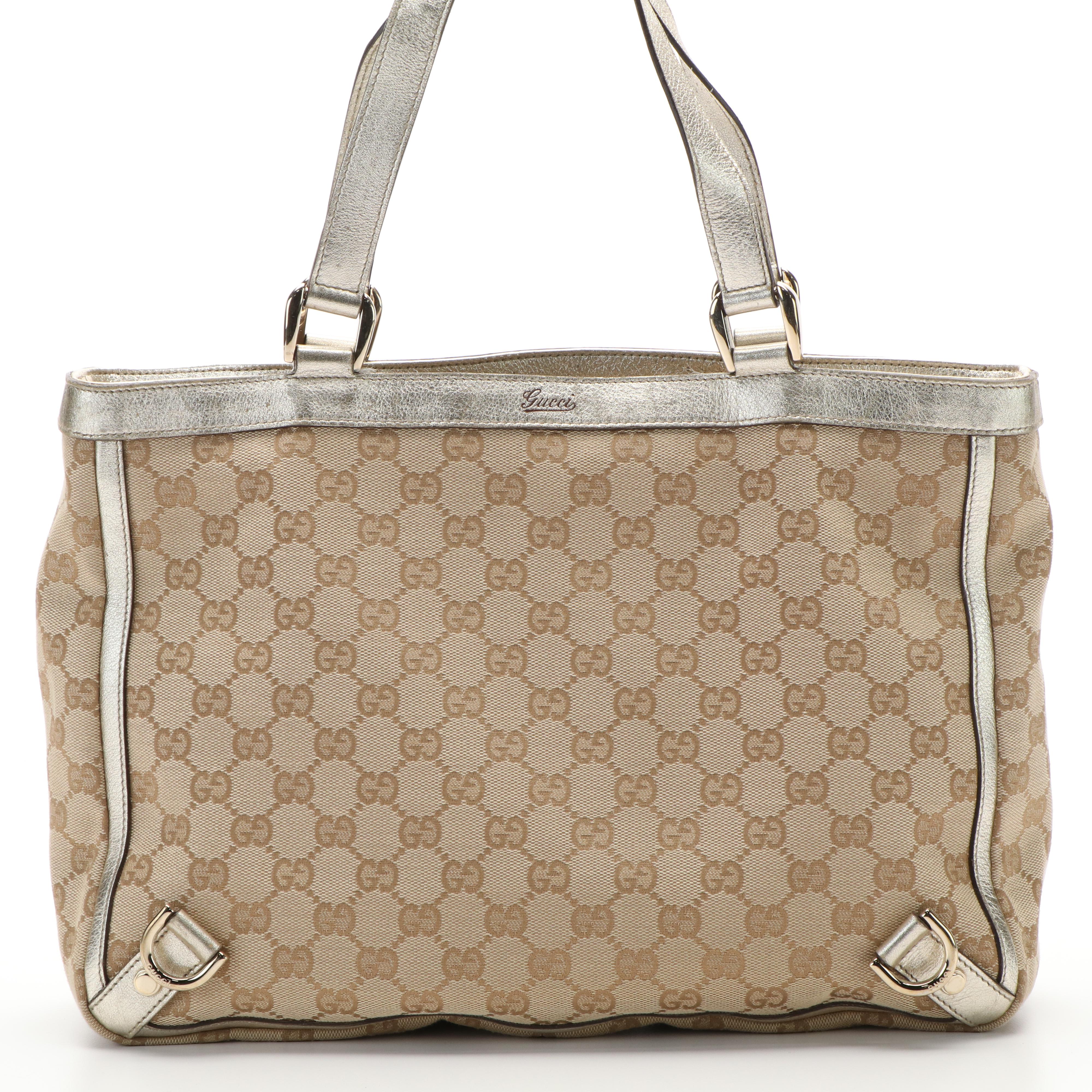 Gucci Original Abbey D-Ring Tote in GG Canvas and Metallic Leather