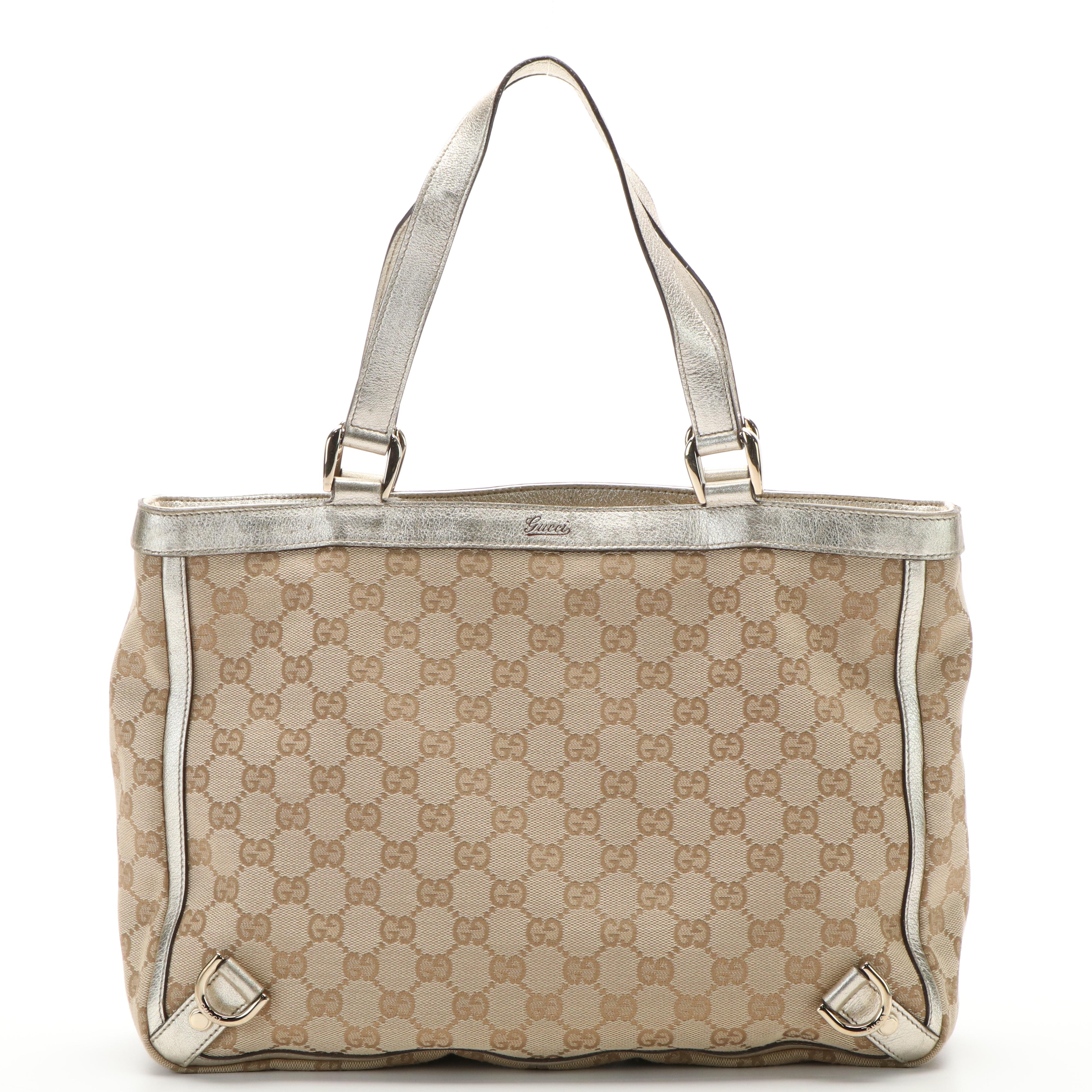 Gucci Original Abbey D-Ring Tote in GG Canvas and Metallic Leather