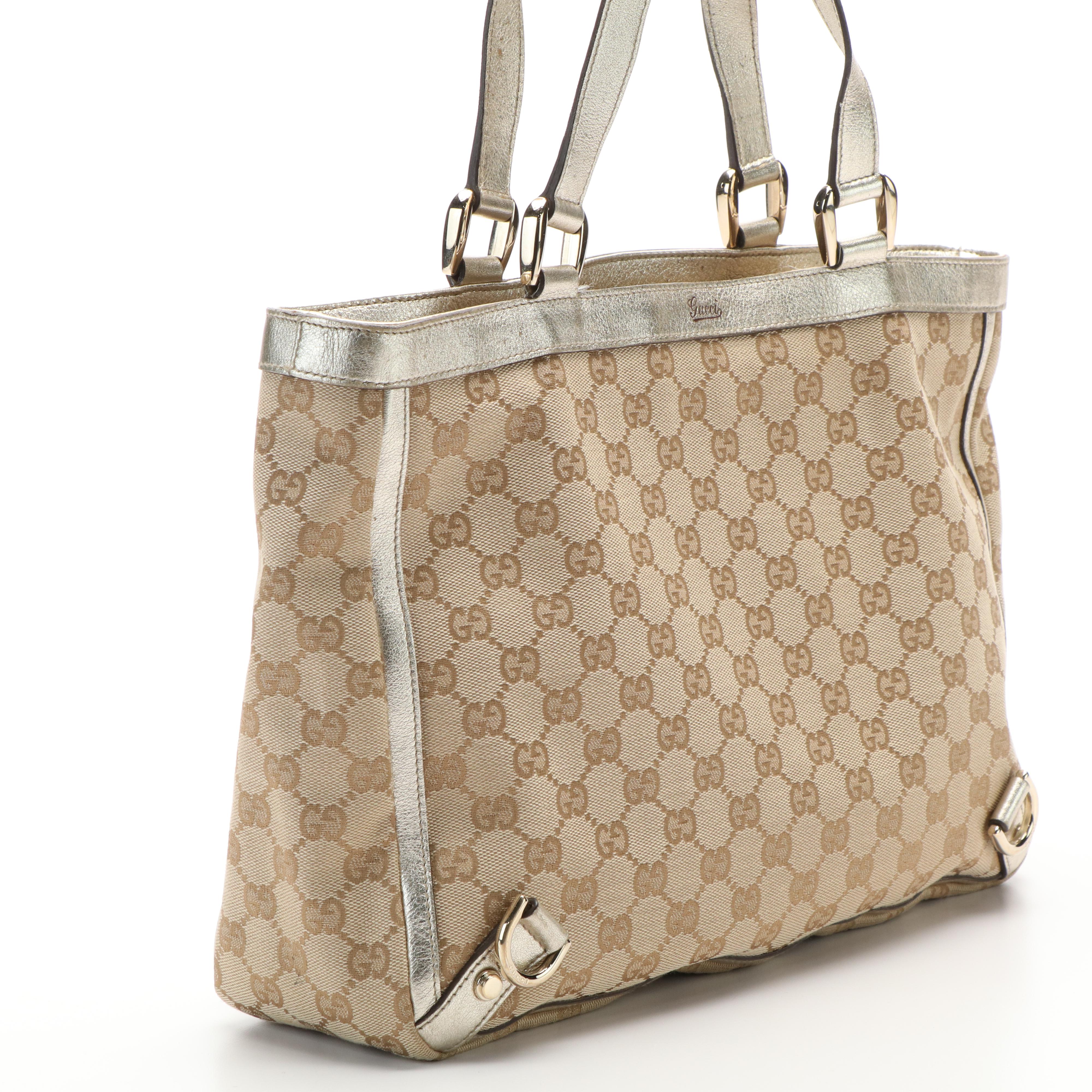 Gucci Original Abbey D-Ring Tote in GG Canvas and Metallic Leather