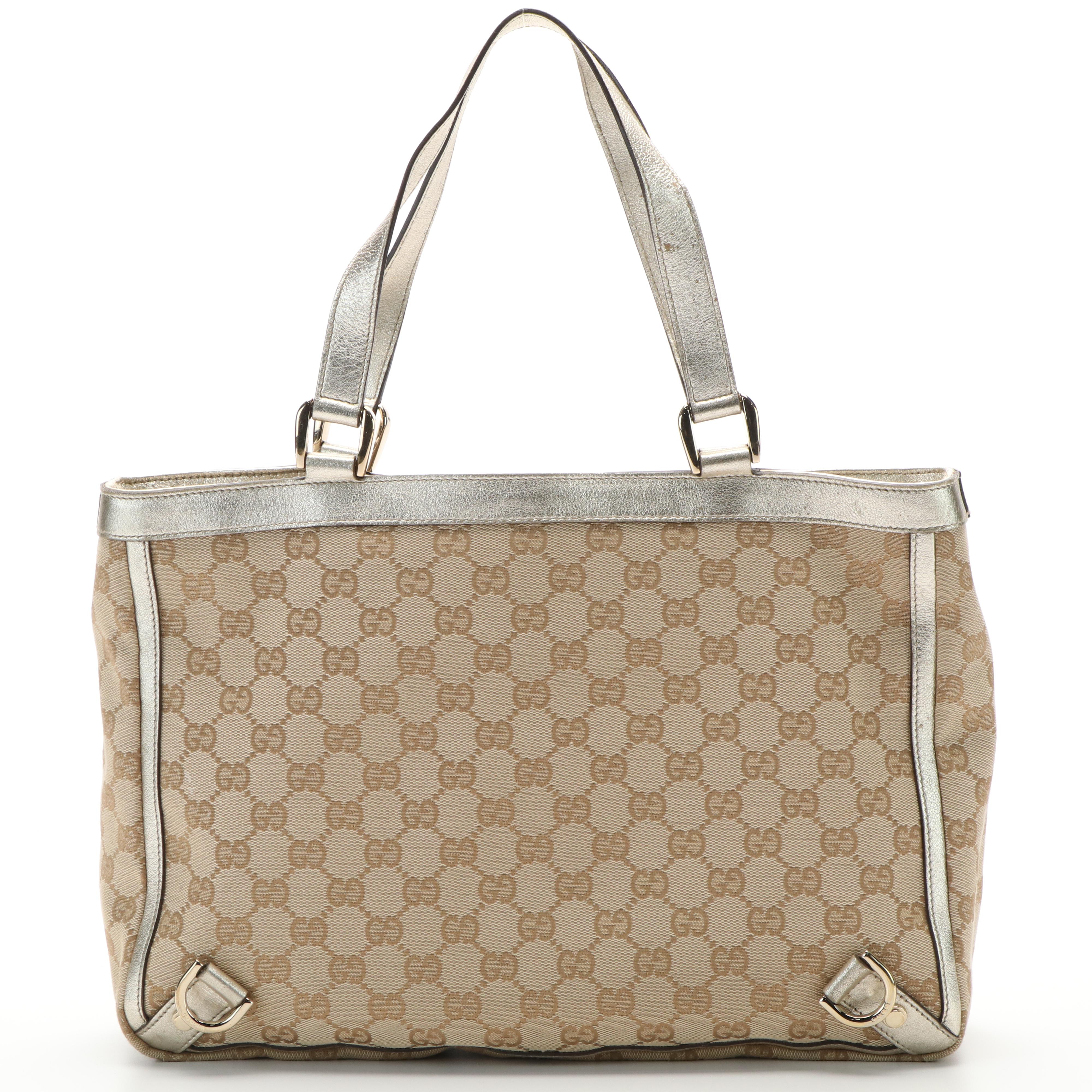 Gucci Original Abbey D-Ring Tote in GG Canvas and Metallic Leather