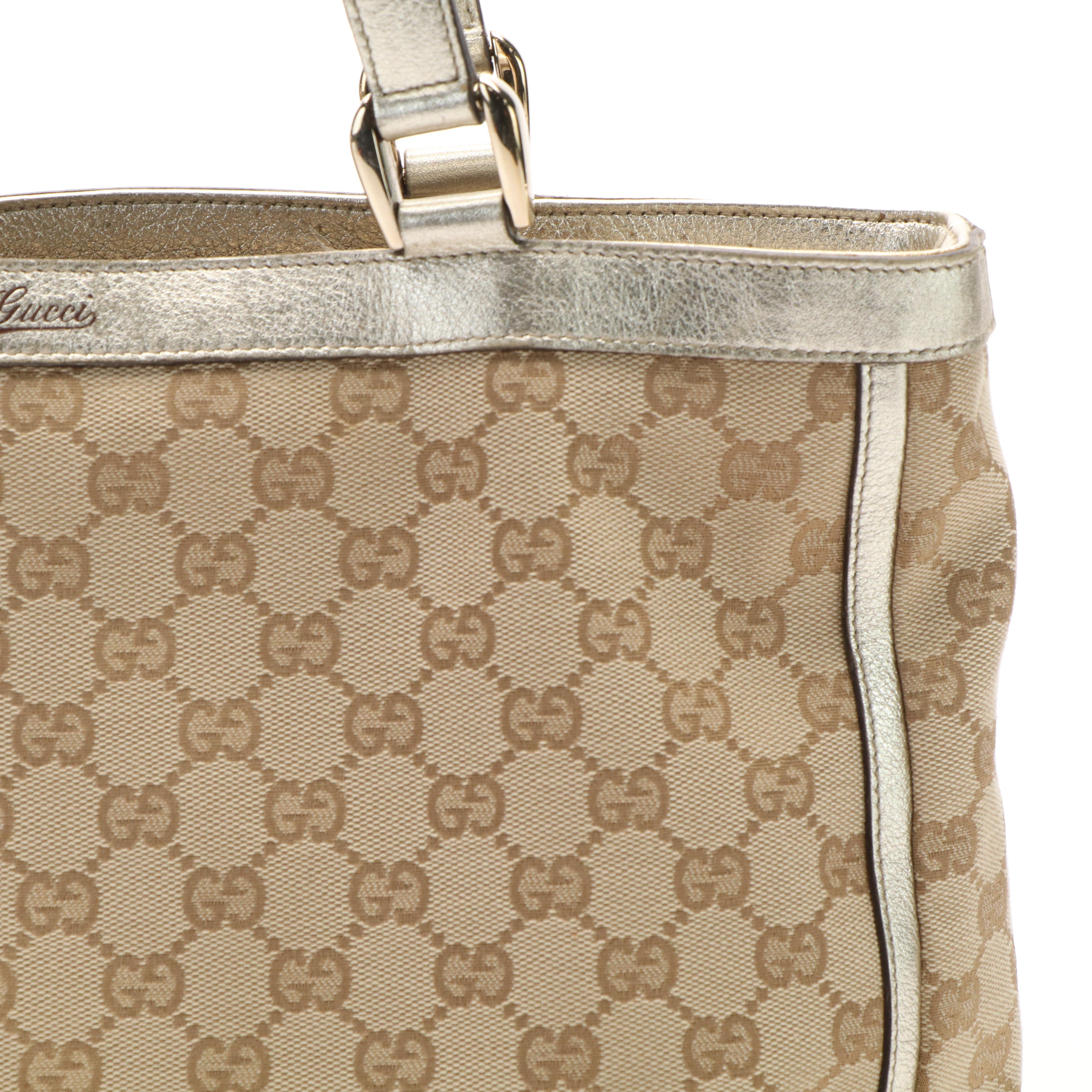 Gucci Original Abbey D-Ring Tote in GG Canvas and Metallic Leather