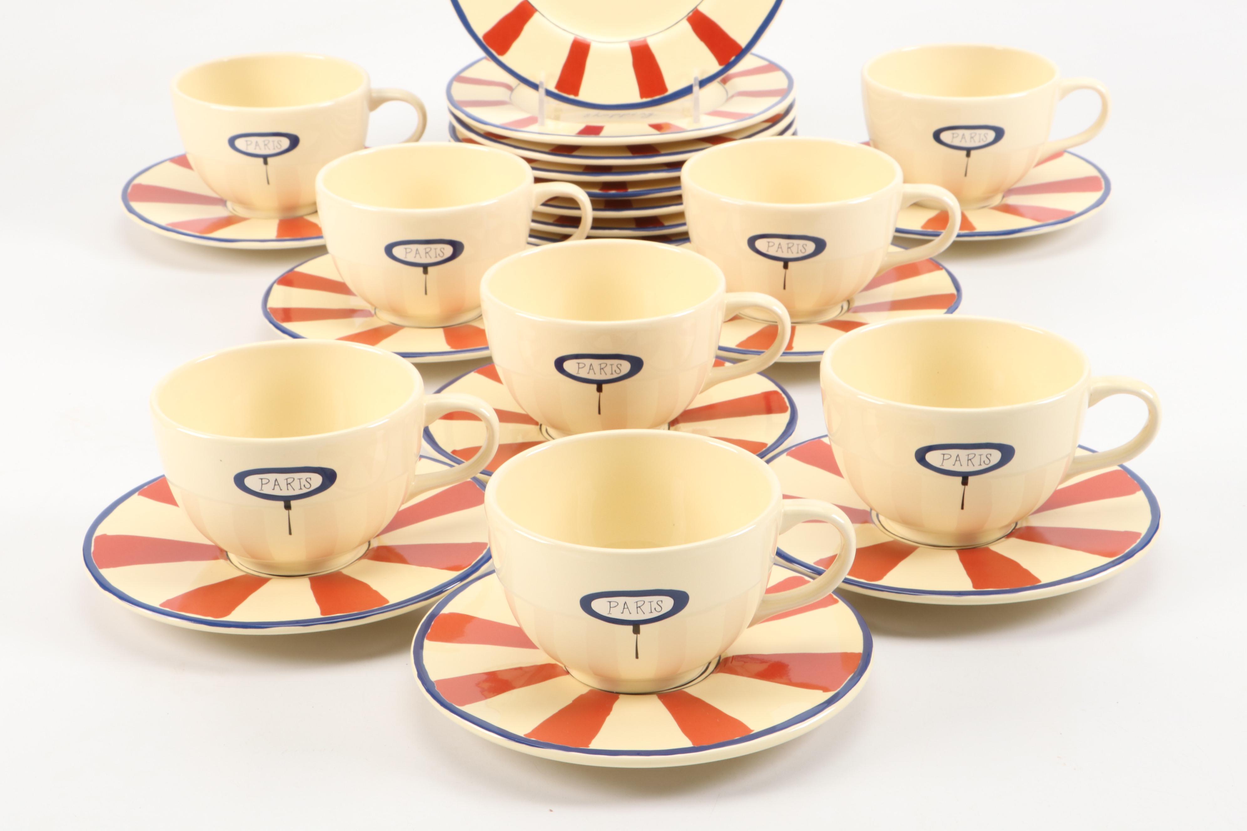 Garnet Hill Ceramic Salad Plates, Mugs and Saucers with Paris and Shopping Motif