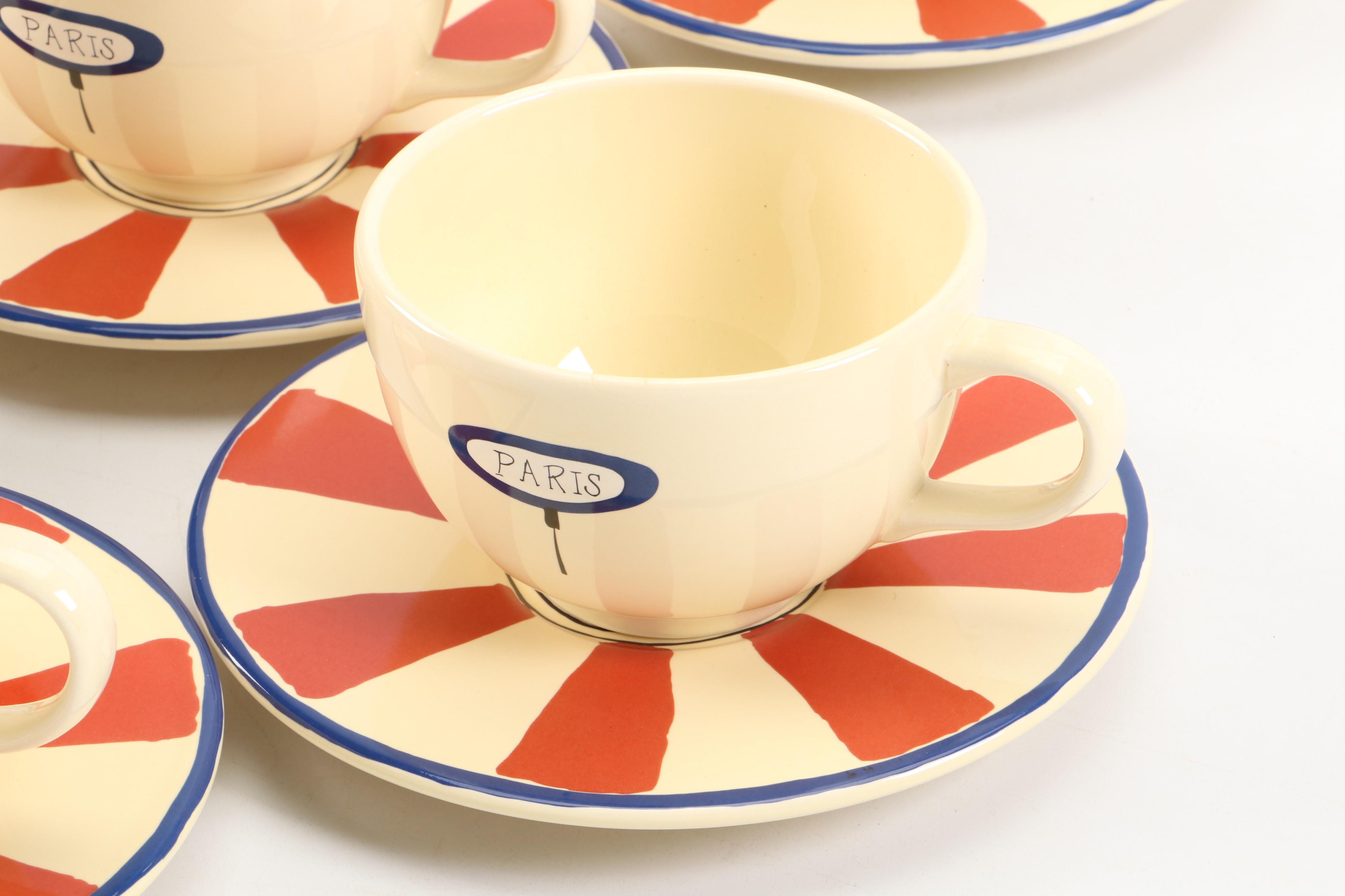 Garnet Hill Ceramic Salad Plates, Mugs and Saucers with Paris and Shopping Motif