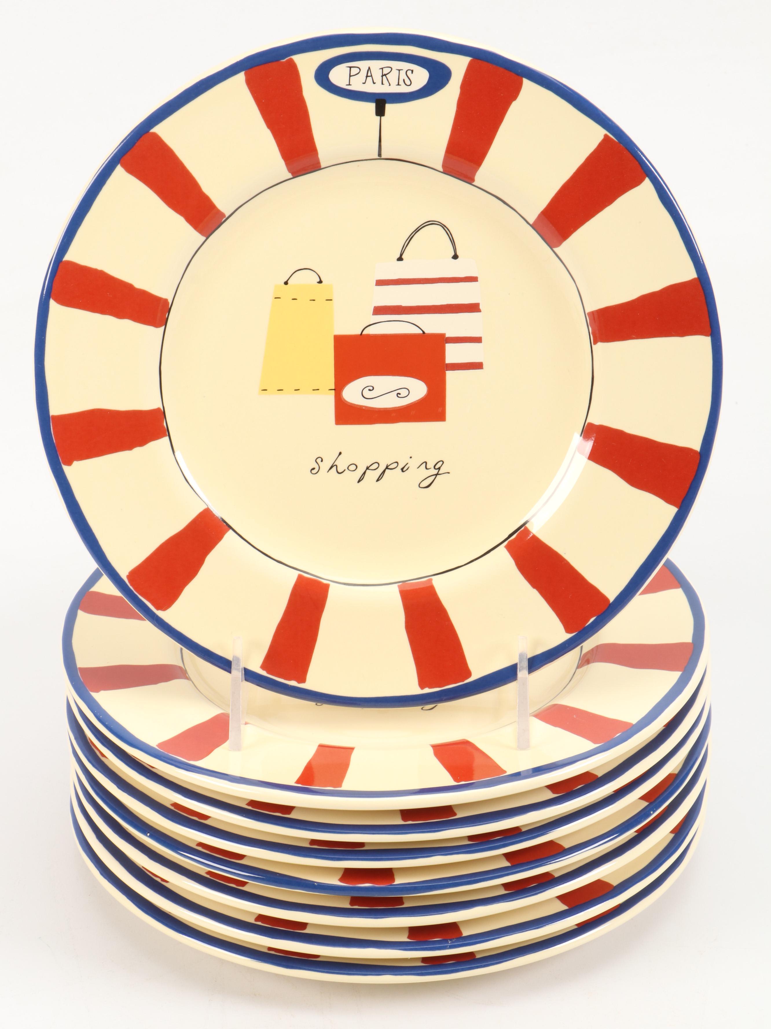 Garnet Hill Ceramic Salad Plates, Mugs and Saucers with Paris and Shopping Motif