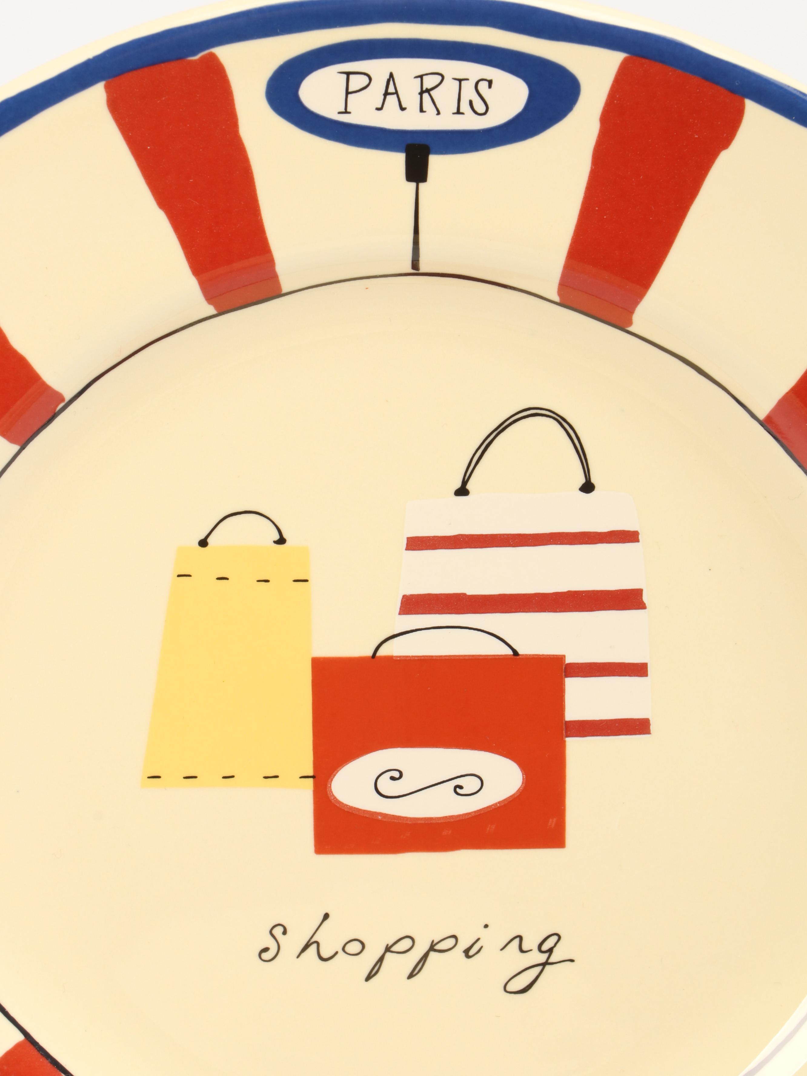 Garnet Hill Ceramic Salad Plates, Mugs and Saucers with Paris and Shopping Motif