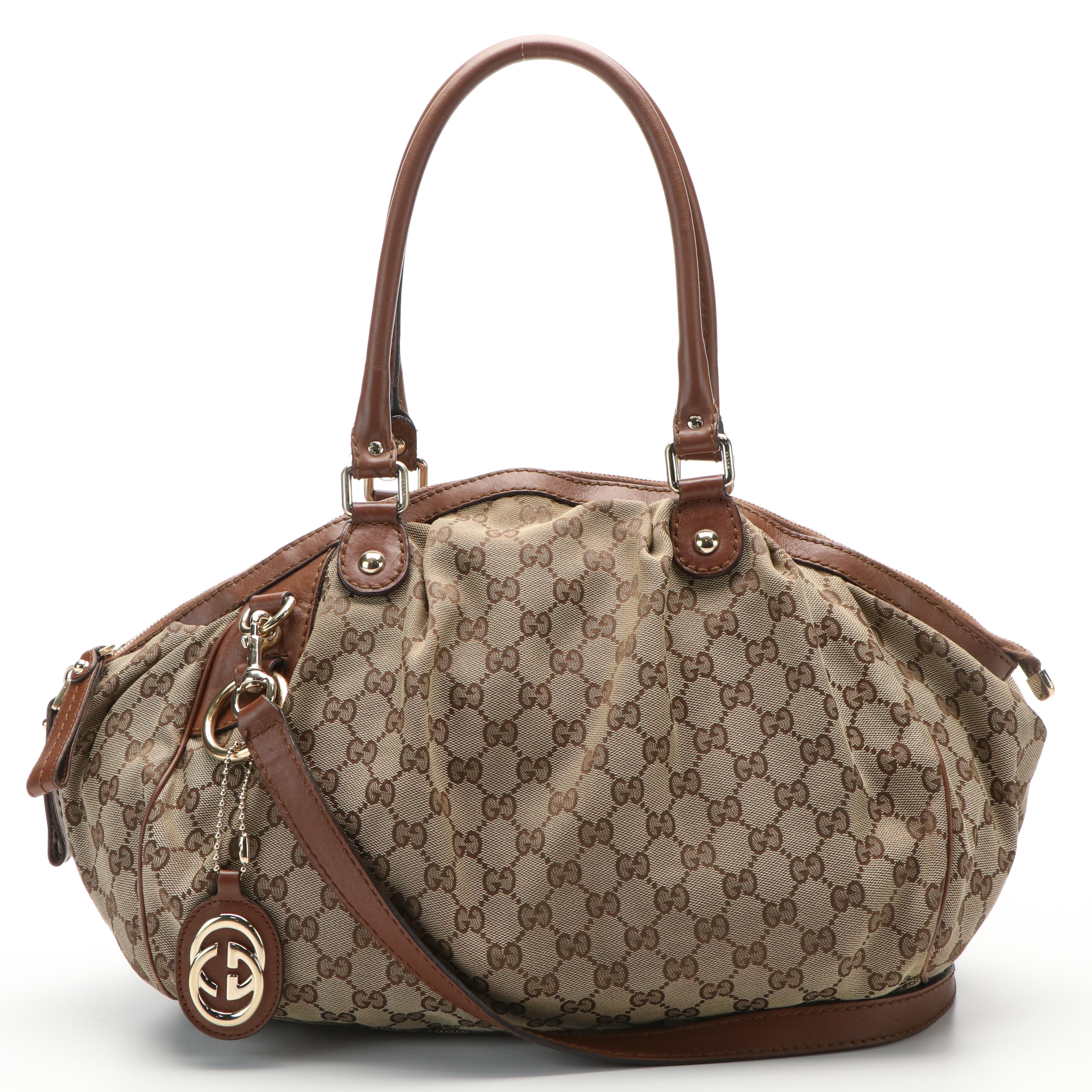 Gucci Sukey Shoulder Boston Bag in Beige GG Canvas and Leather