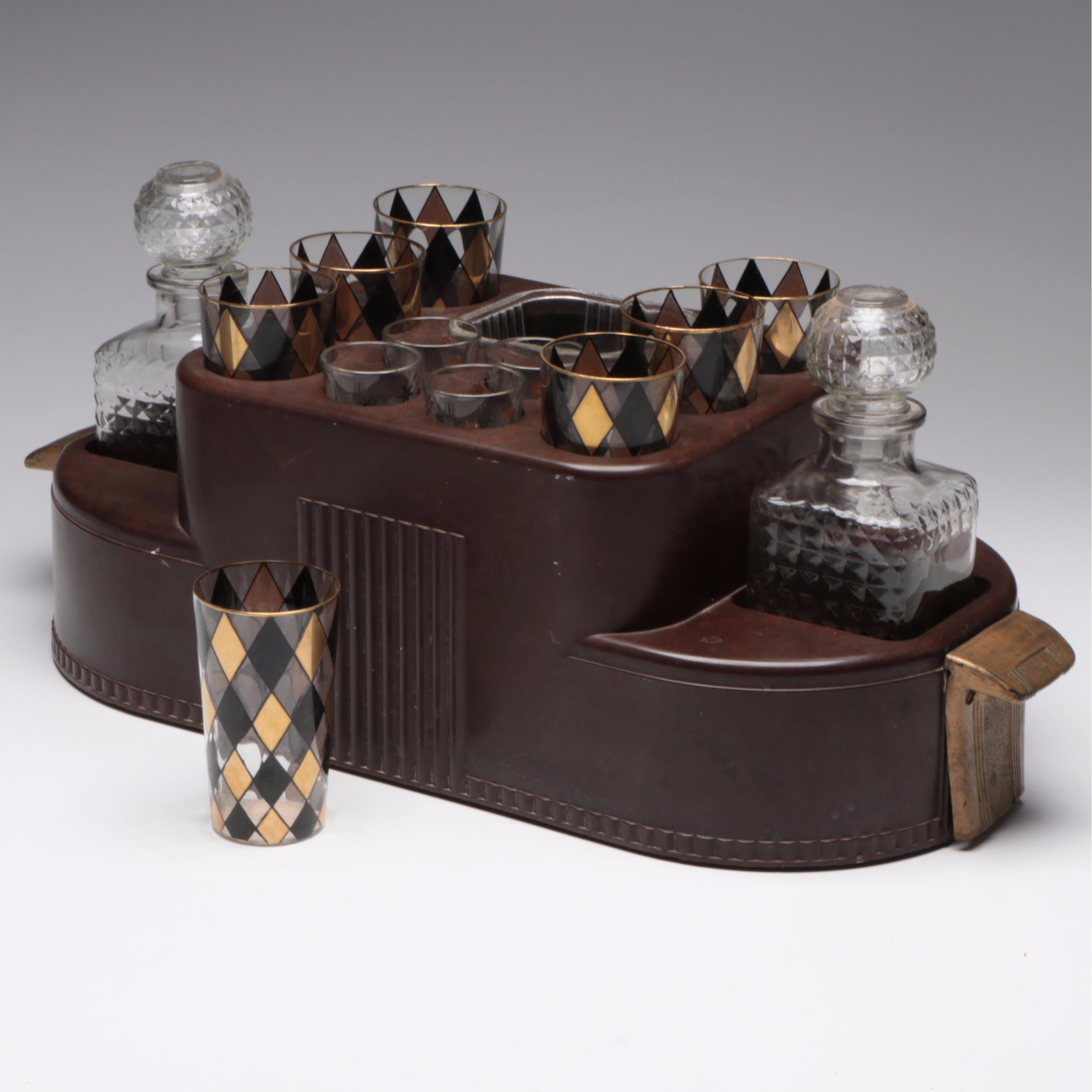 Art Deco Bakelite Bar Caddy with Decanters and Mid Century Modern Style Glasses