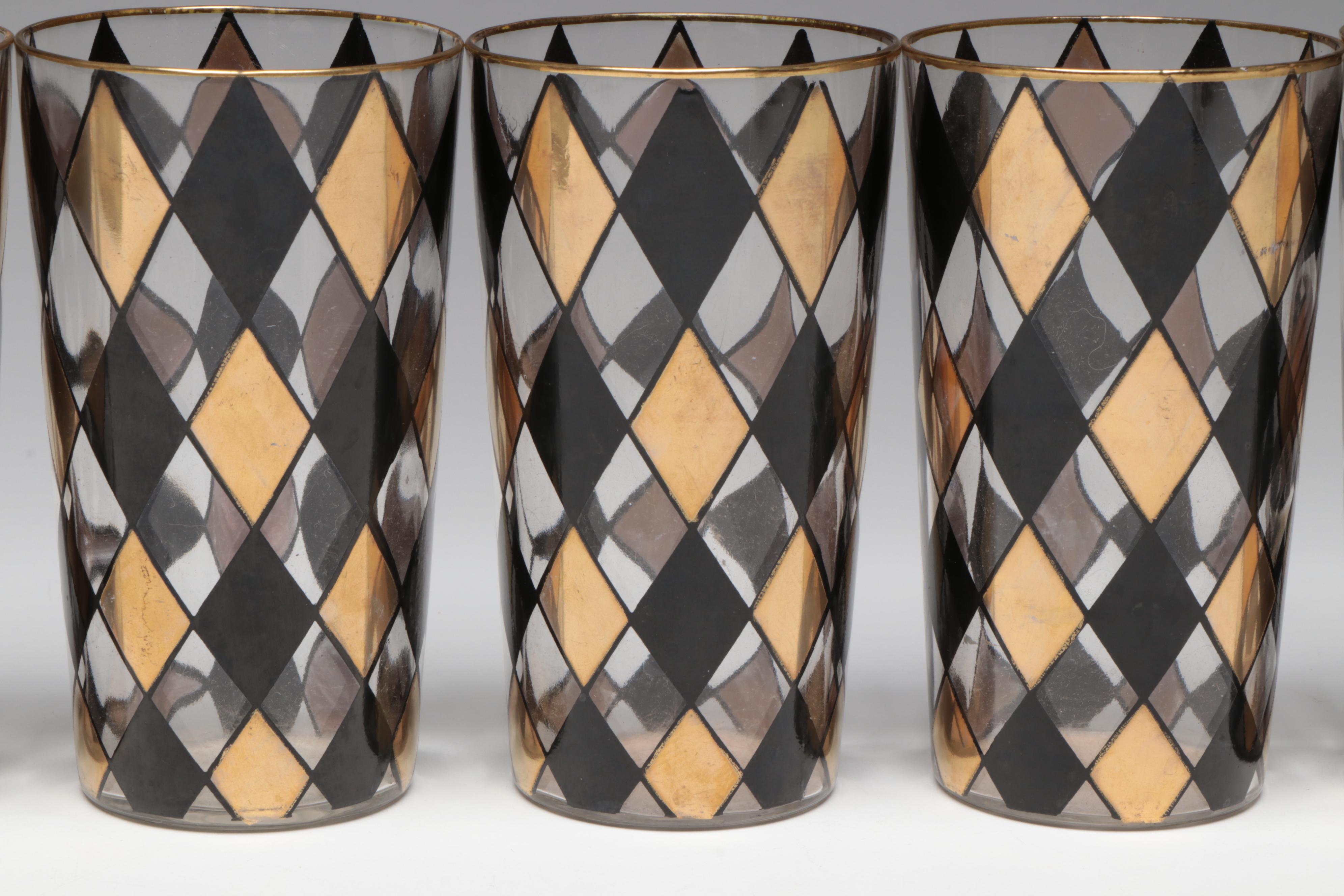 Art Deco Bakelite Bar Caddy with Decanters and Mid Century Modern Style Glasses