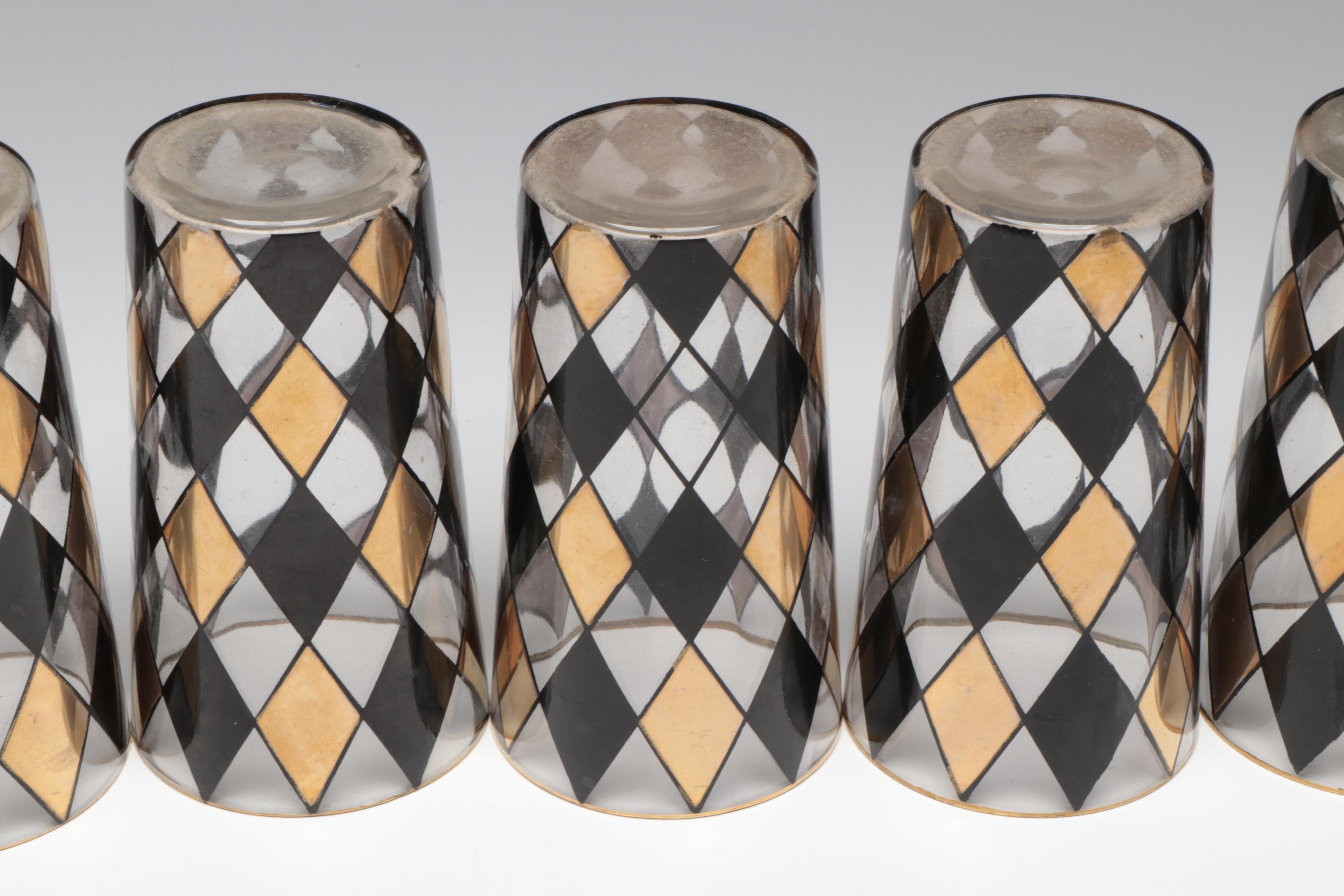 Art Deco Bakelite Bar Caddy with Decanters and Mid Century Modern Style Glasses