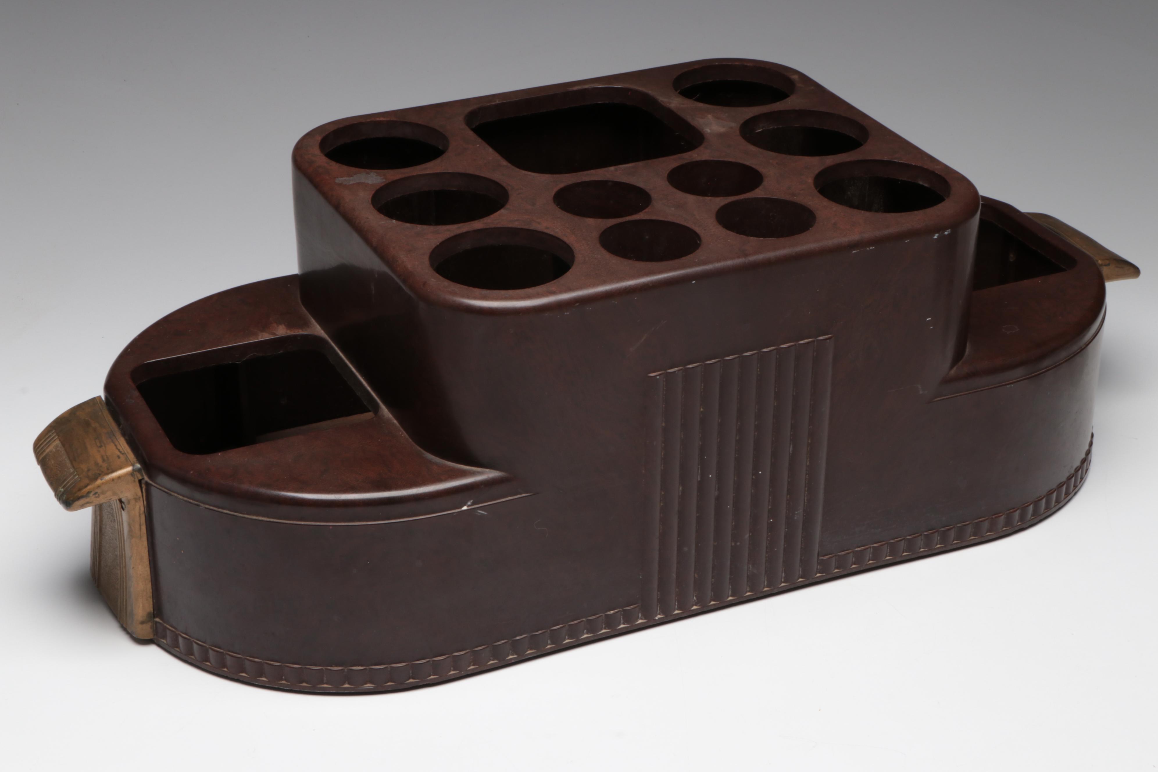 Art Deco Bakelite Bar Caddy with Decanters and Mid Century Modern Style Glasses