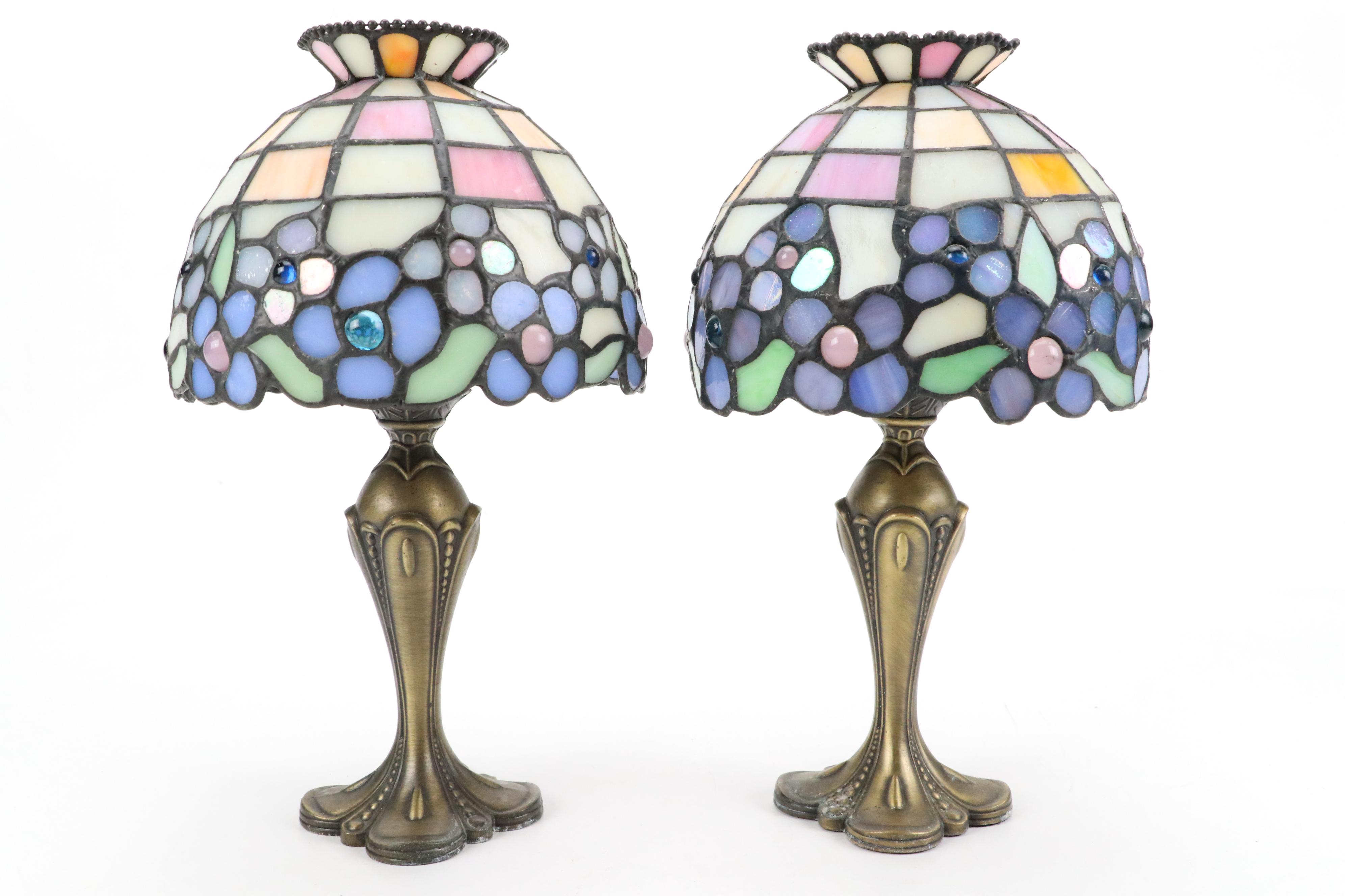 Partylite Stained Glass and Metal Tea Light Holder Lamps with Hydrangea Motif