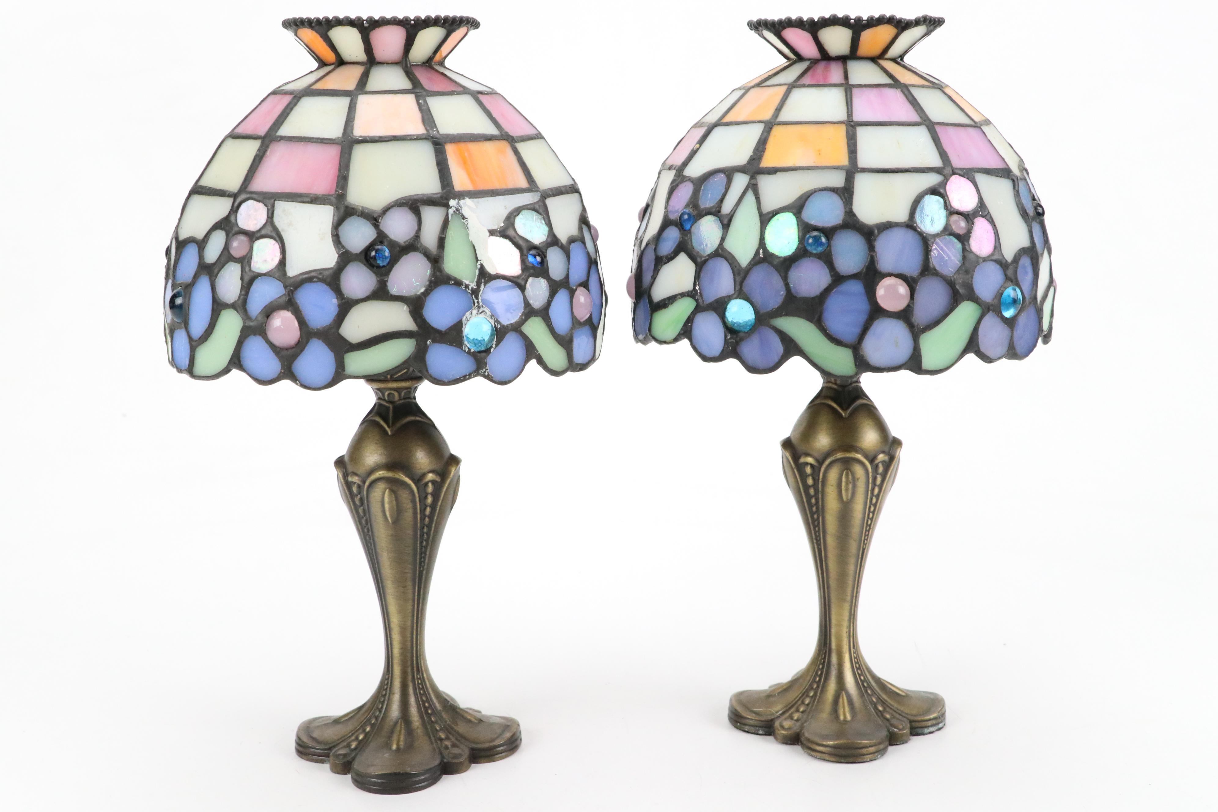 Partylite Stained Glass and Metal Tea Light Holder Lamps with Hydrangea Motif