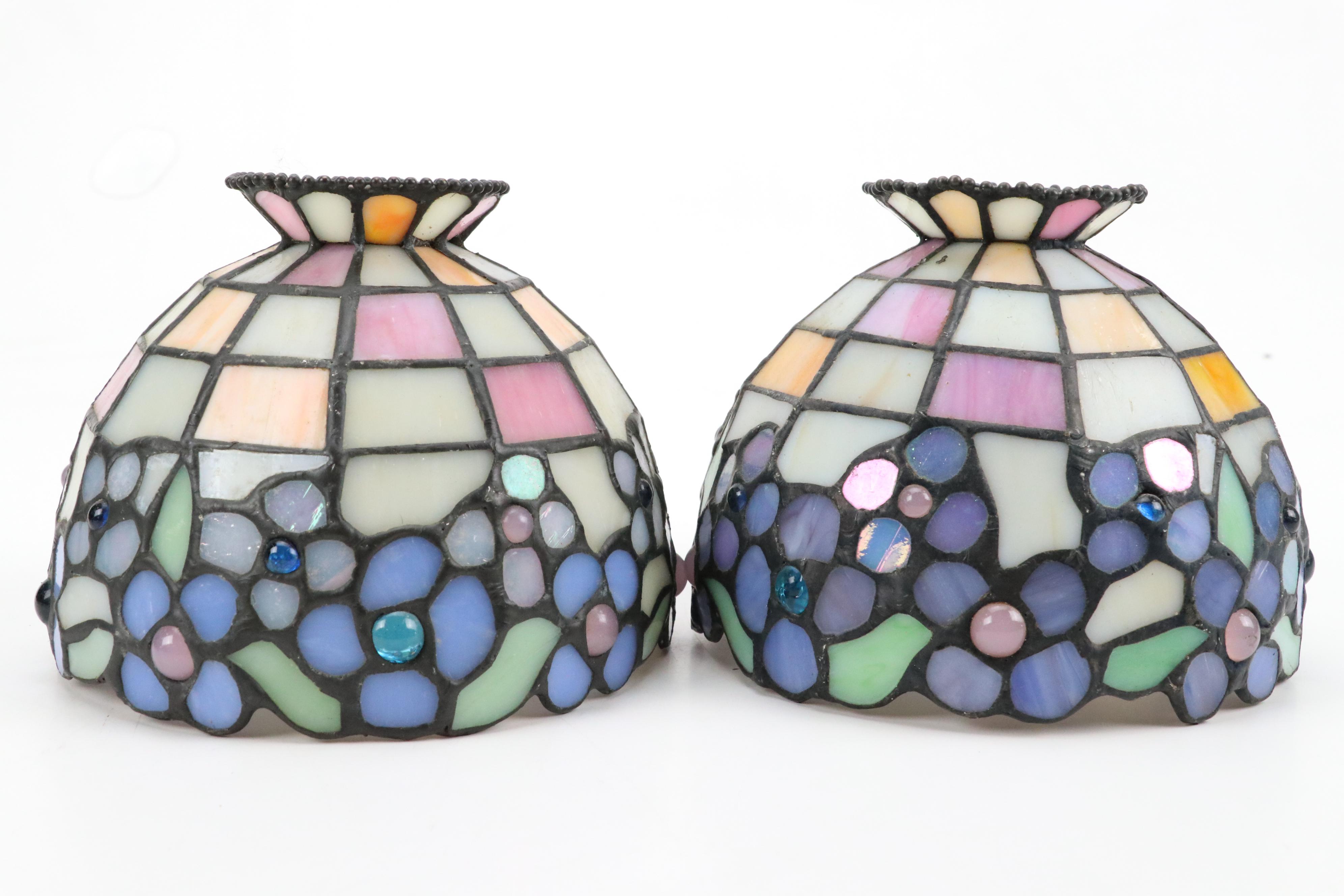 Partylite Stained Glass and Metal Tea Light Holder Lamps with Hydrangea Motif