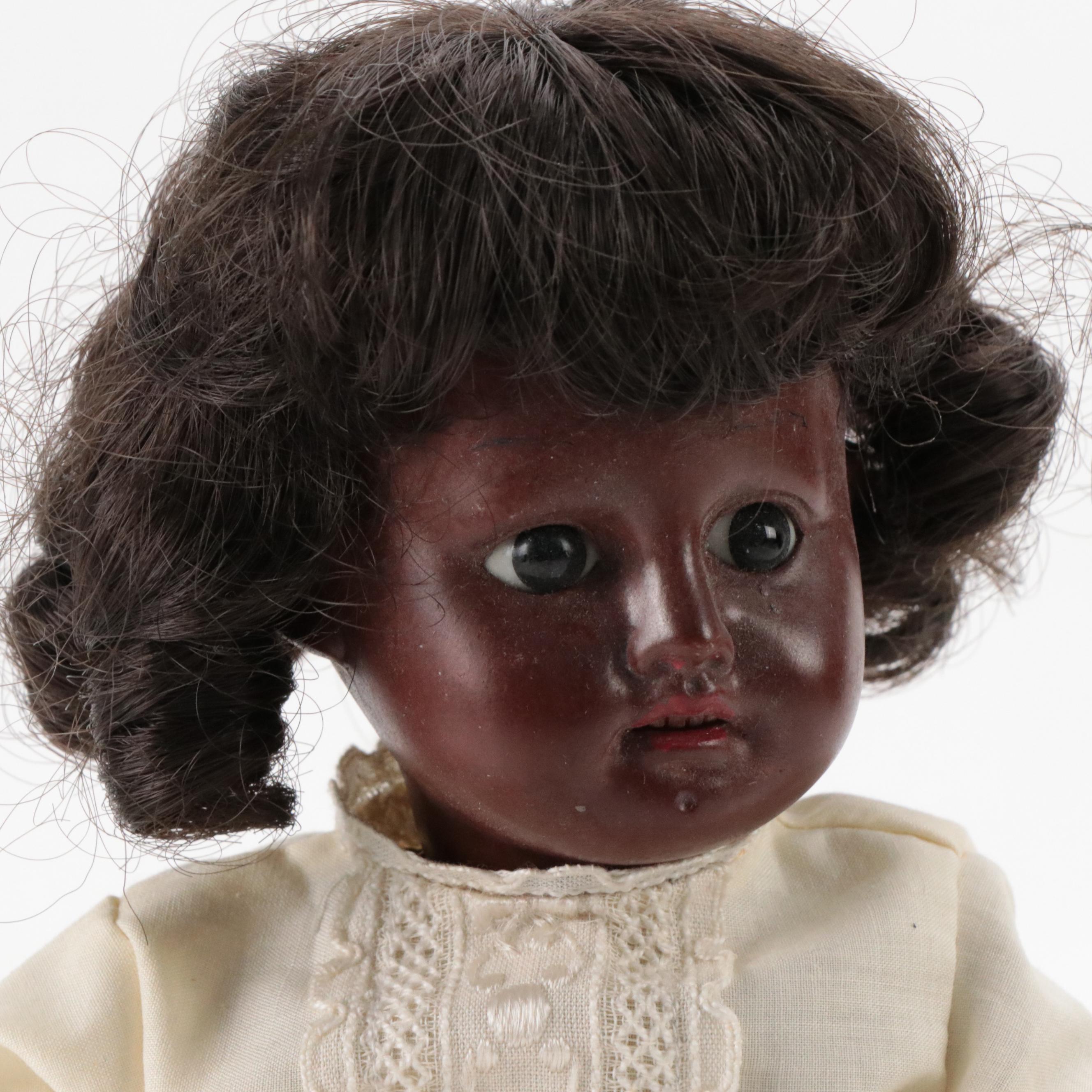 German Open Mouth Black Bisque Child Doll with Composition Body