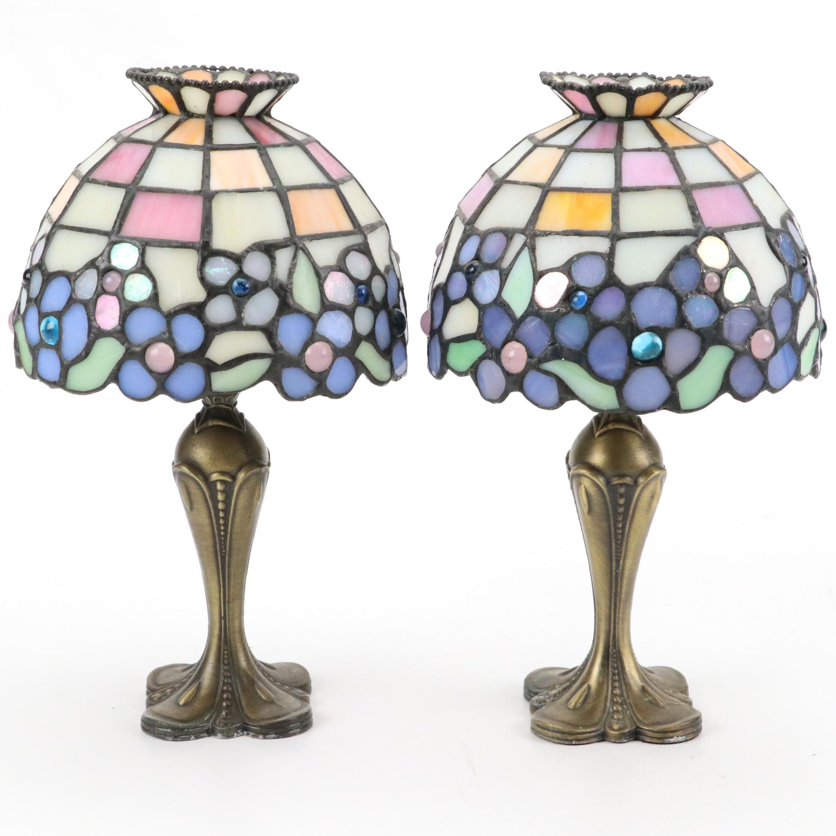 Partylite Stained Glass and Metal Tea Light Holder Lamps with Hydrangea Motif