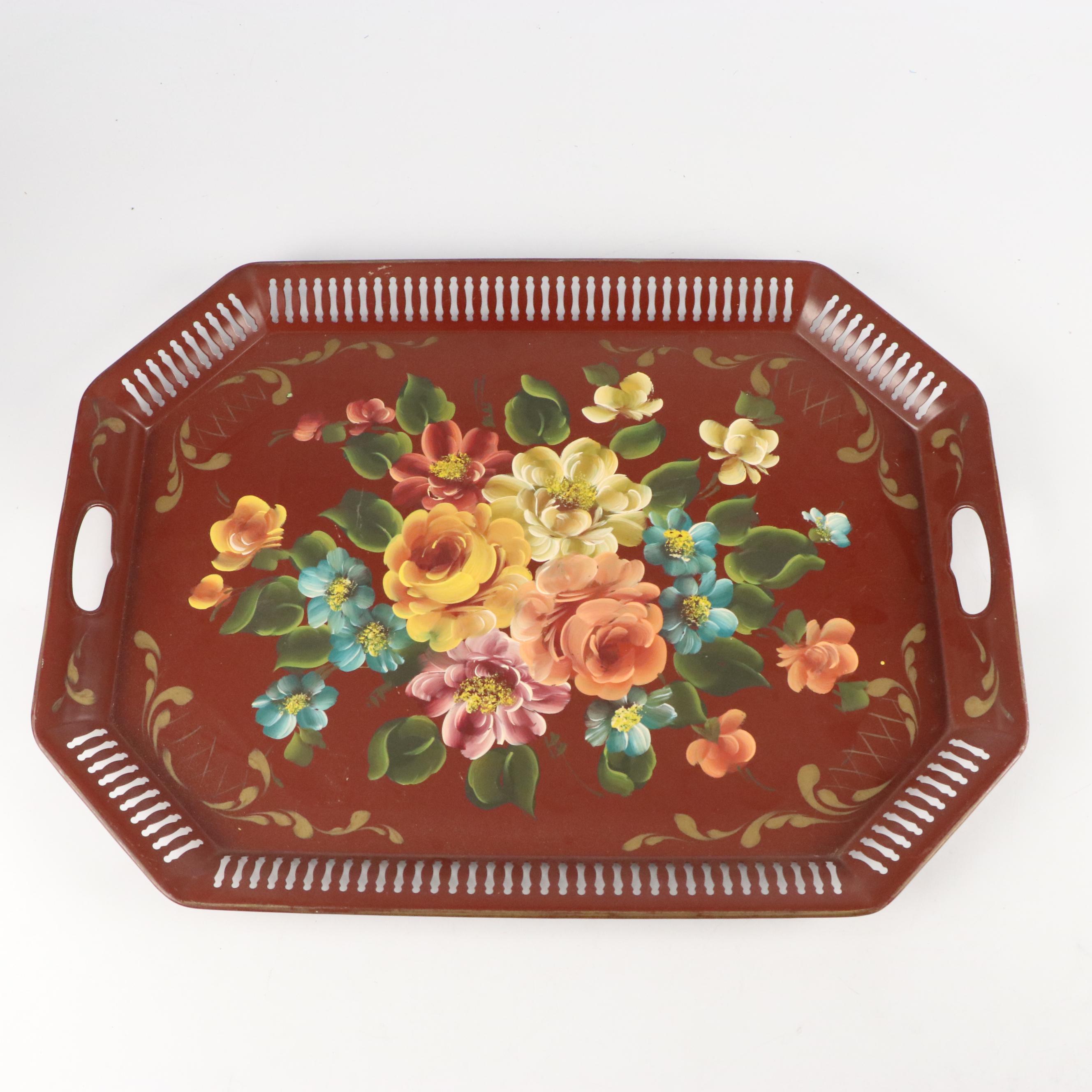 Nashco Products and Other Hand-Painted Toleware Trays, Mid-20th Century