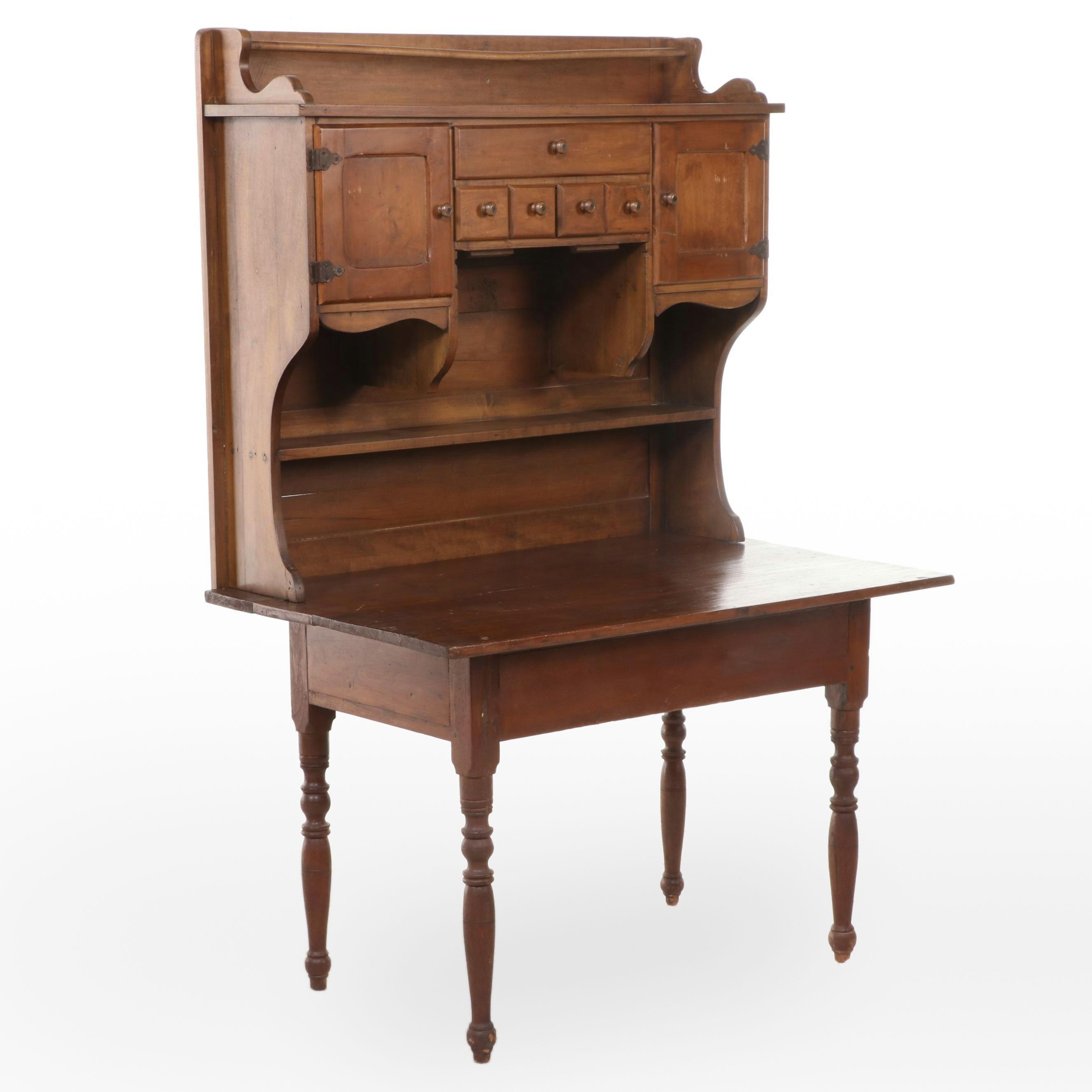 American Primitive Walnut Work Table with Maple Hutch, 19th Century and Later