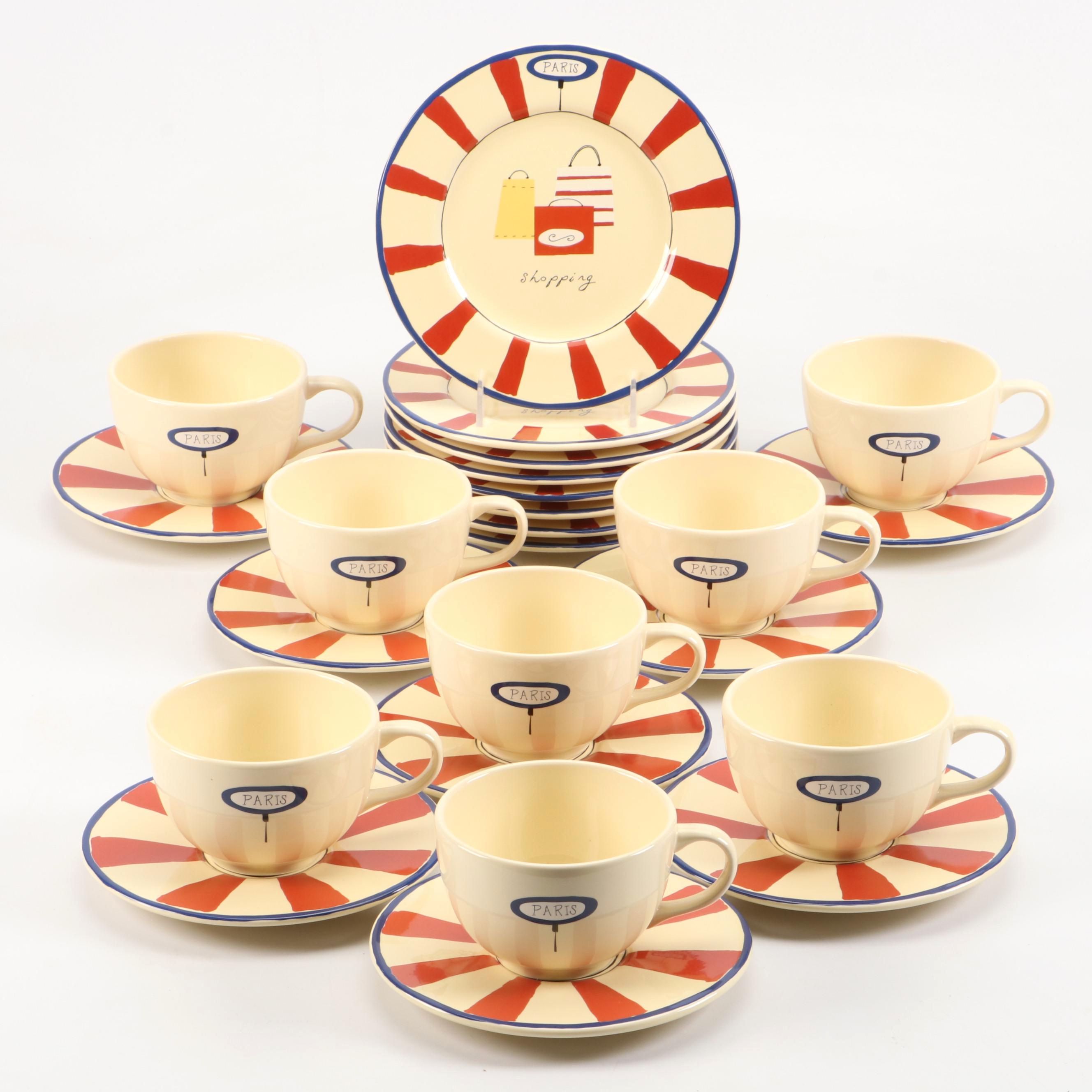 Garnet Hill Ceramic Salad Plates, Mugs and Saucers with Paris and Shopping Motif