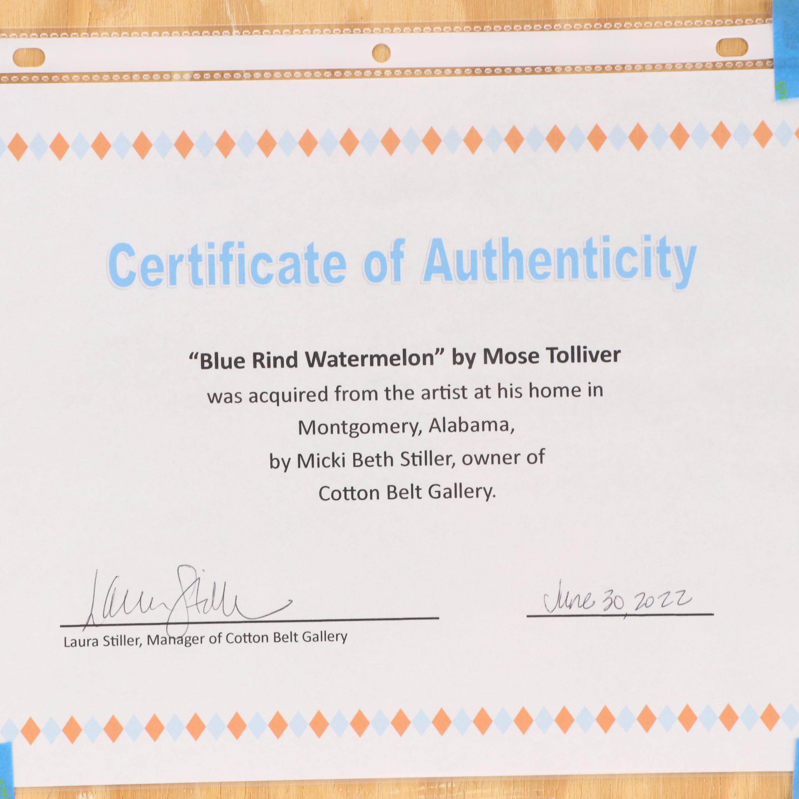 Mose Ernest Tolliver Folk Acrylic Painting "Blue Rind Watermelon," 21st Century