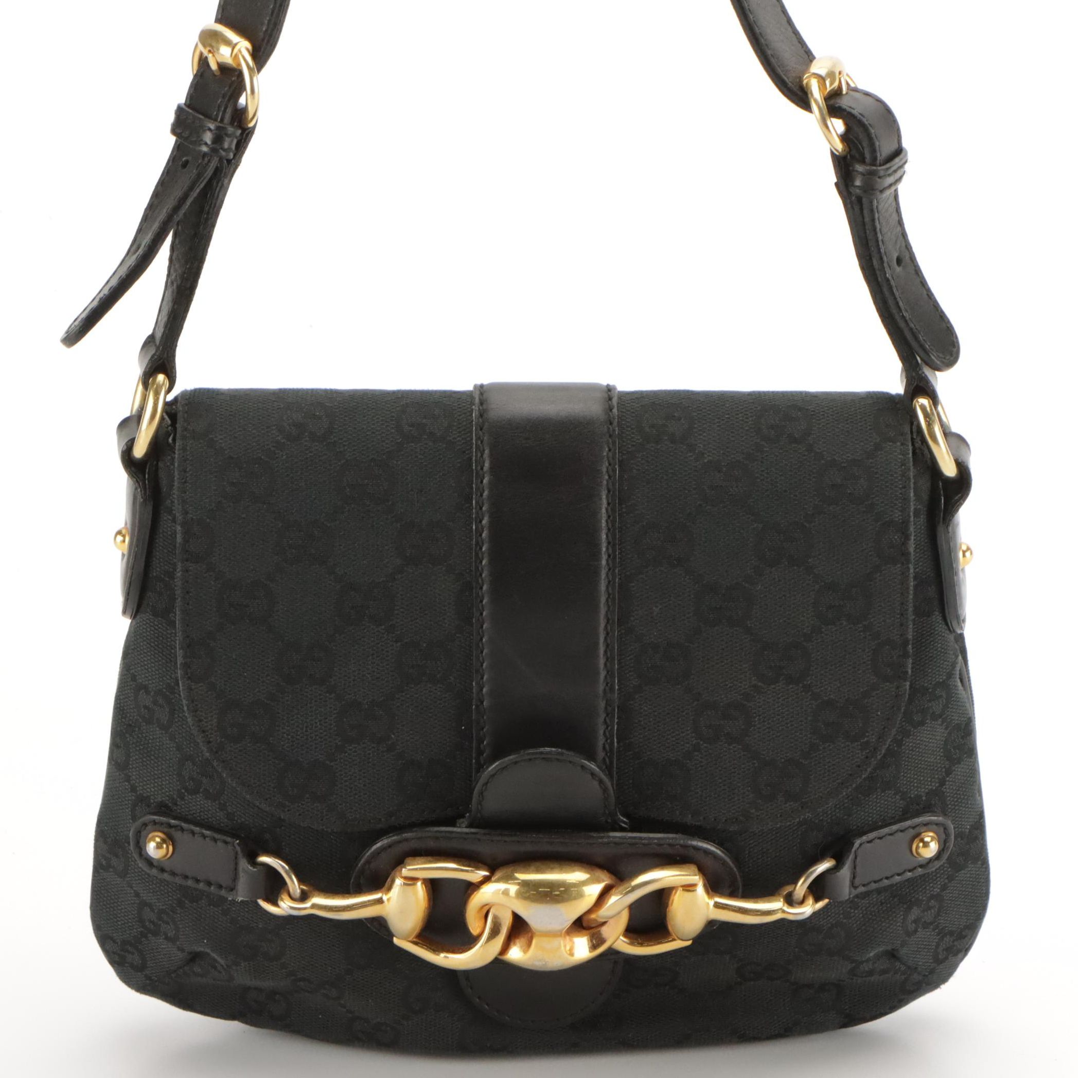 Gucci Wave Shoulder Bag in Black GG Canvas and Leather