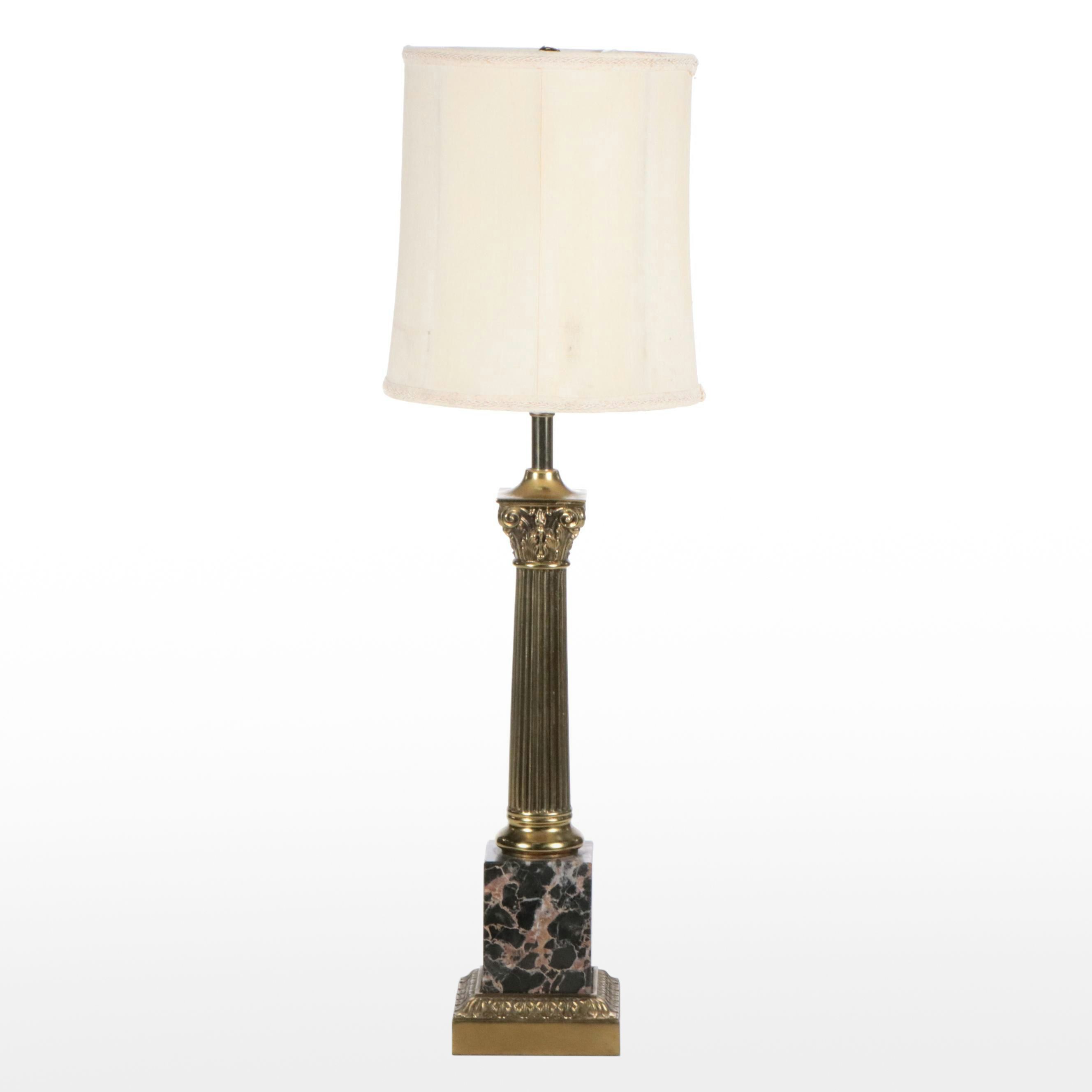 Westwood Pink and Black Marble and Brass Column Table Lamp with Silk Shade