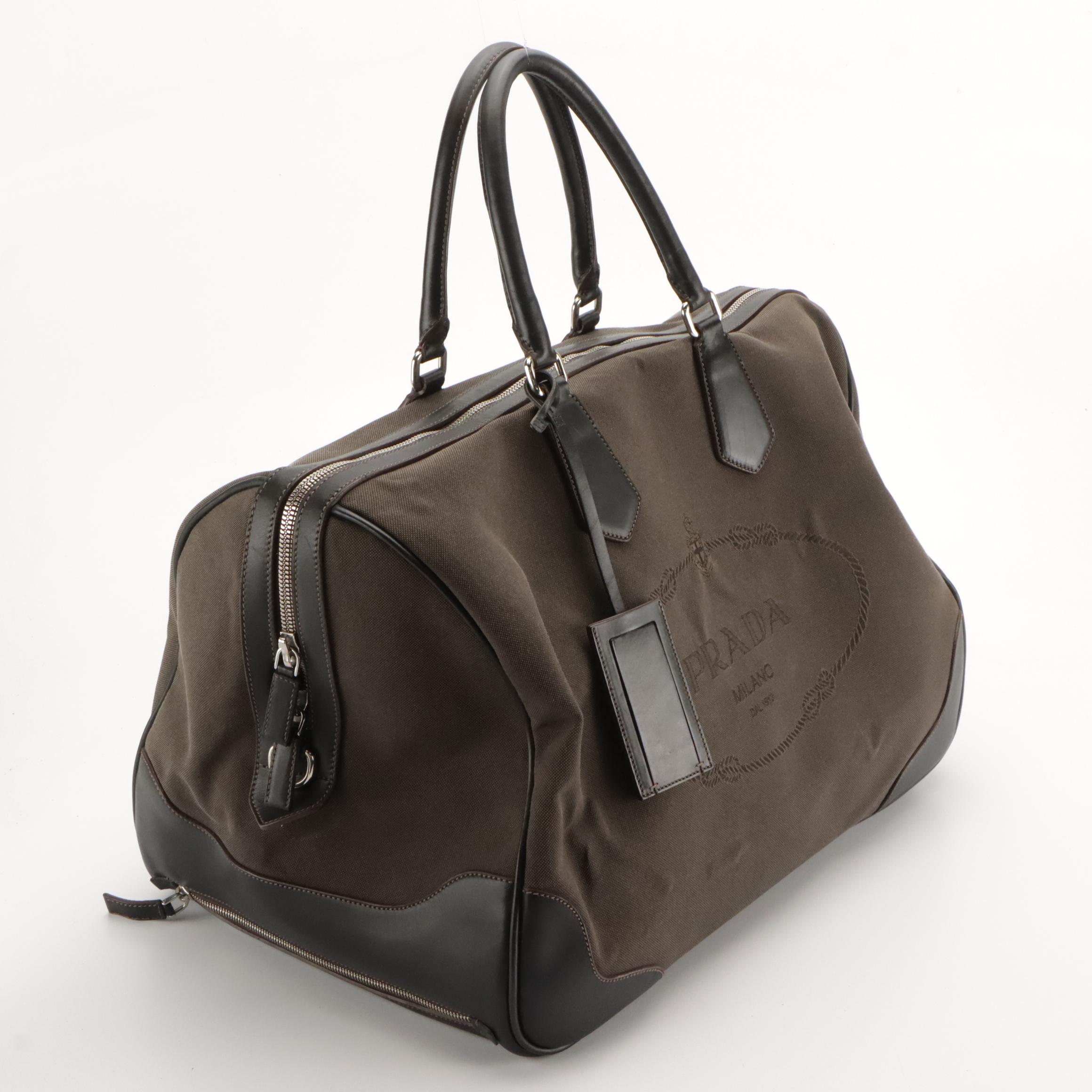 Prada Travel Duffel Suitcase in Monogram Canapa Canvas and Leather