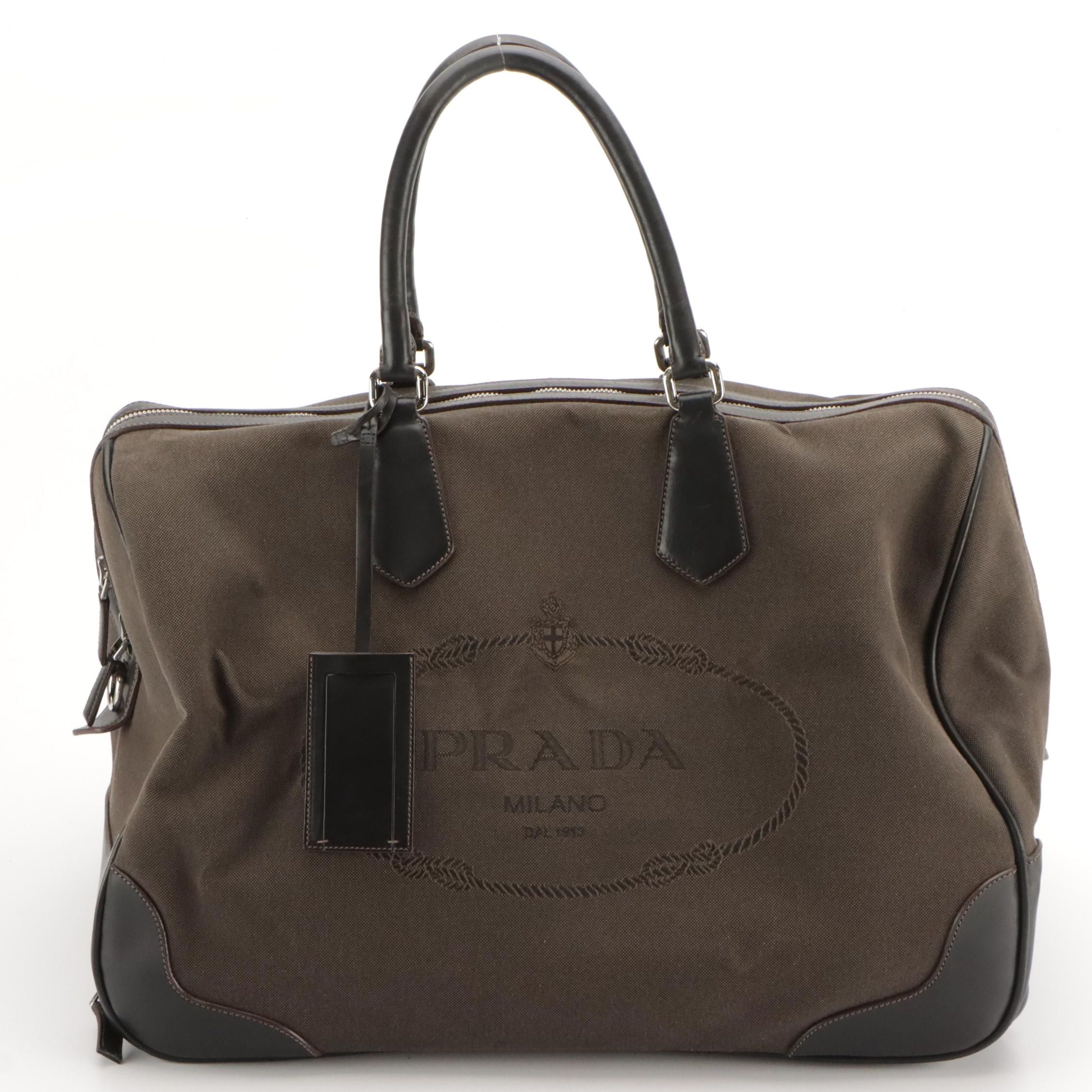 Prada Travel Duffel Suitcase in Monogram Canapa Canvas and Leather