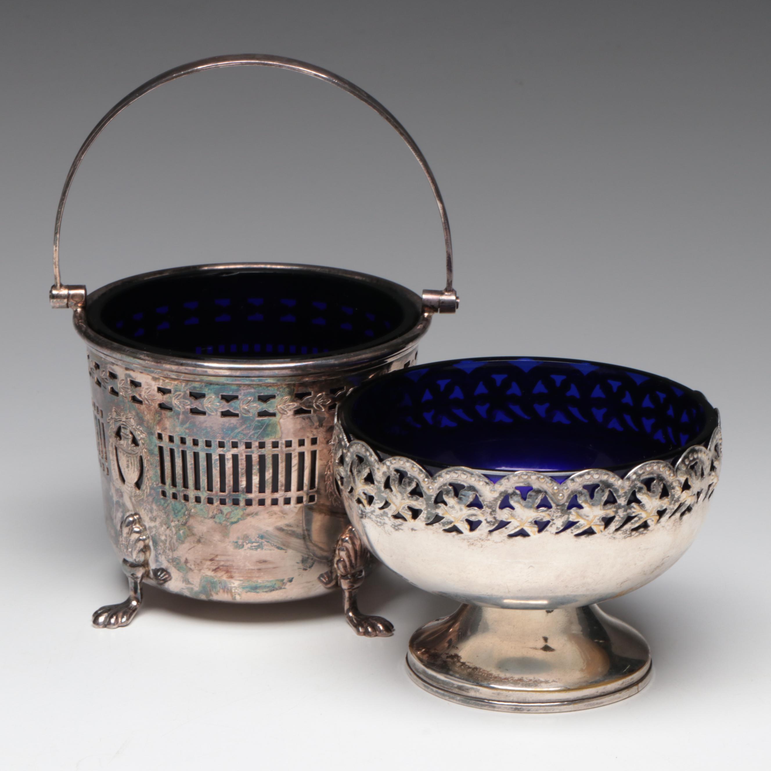 Celtic Quality Silver Plate on Brass Cobalt Glass Bowl with Barker Ellis Basket