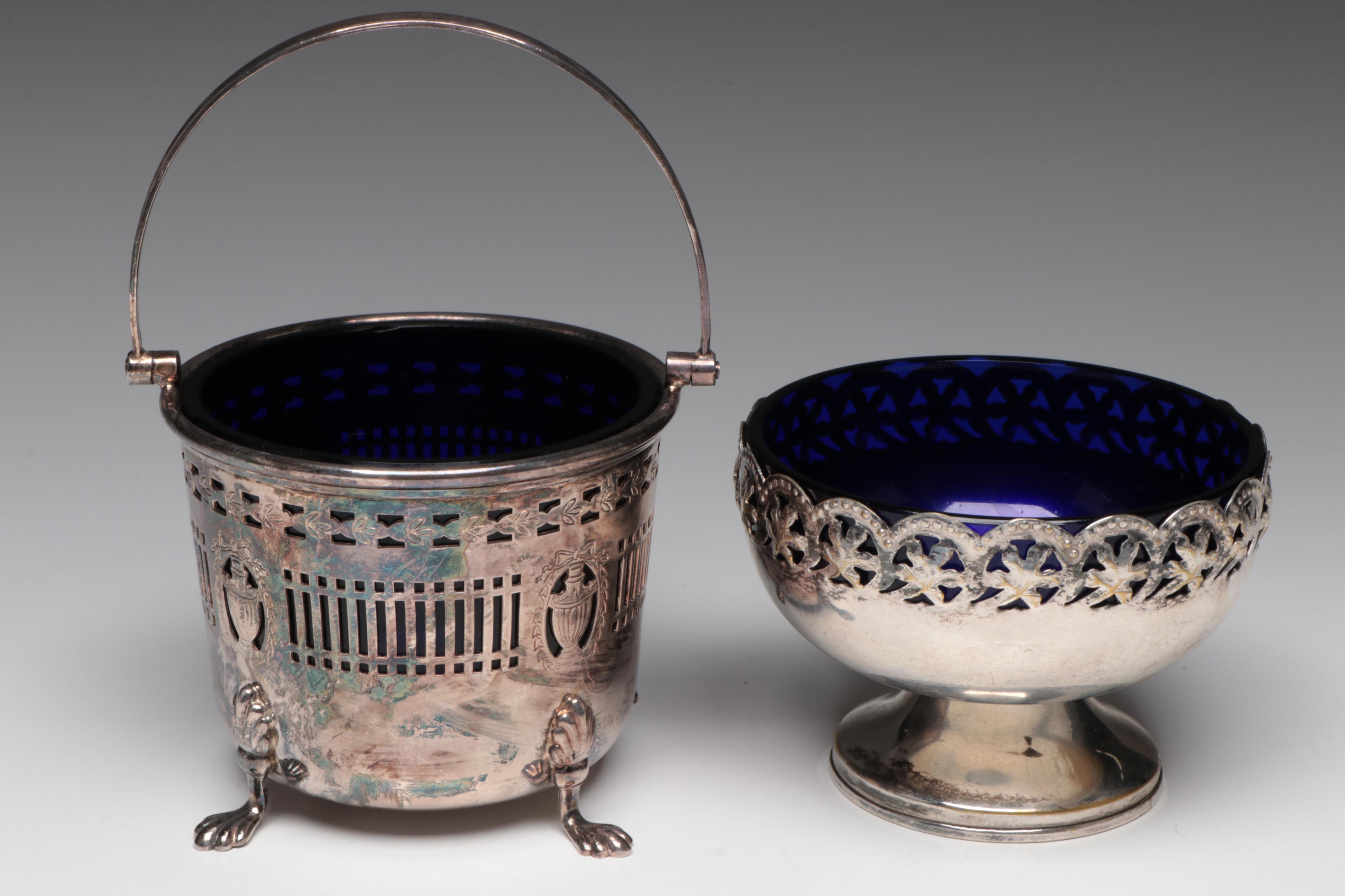 Celtic Quality Silver Plate on Brass Cobalt Glass Bowl with Barker Ellis Basket