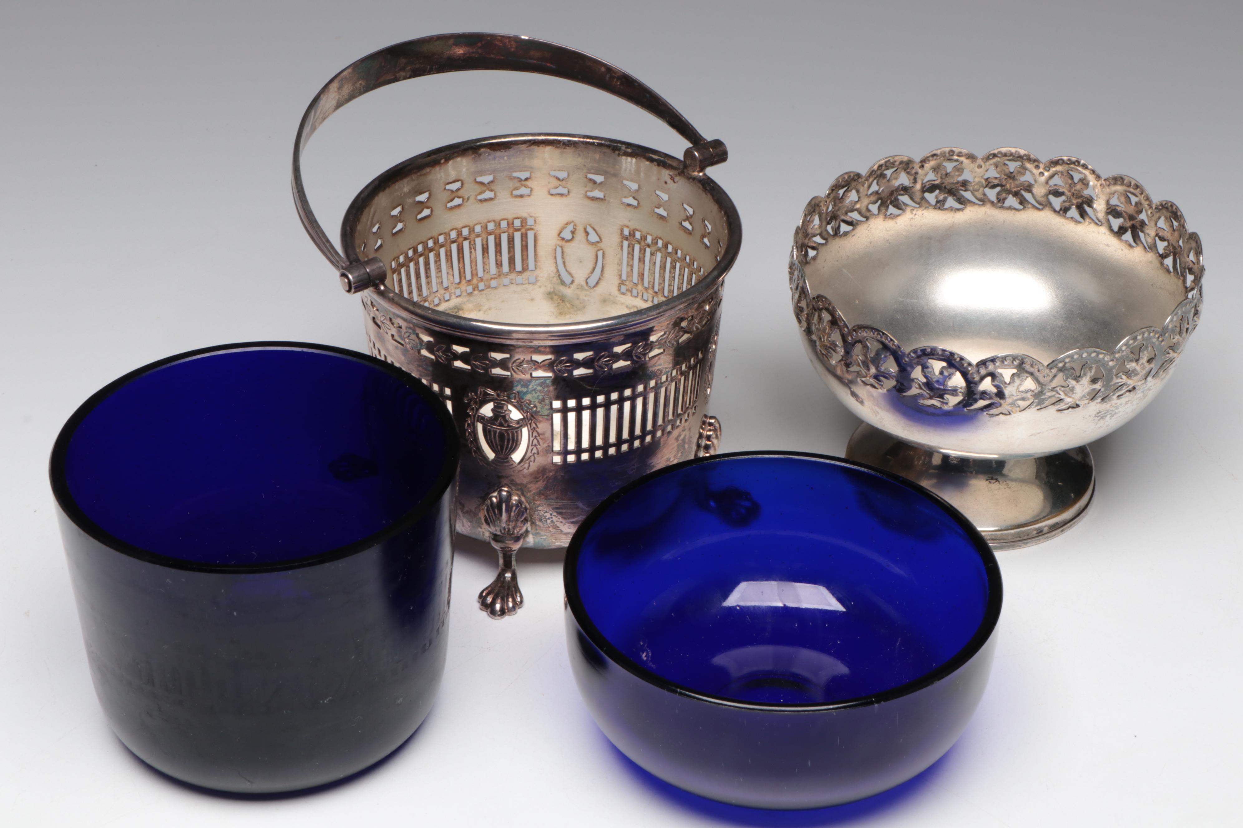 Celtic Quality Silver Plate on Brass Cobalt Glass Bowl with Barker Ellis Basket