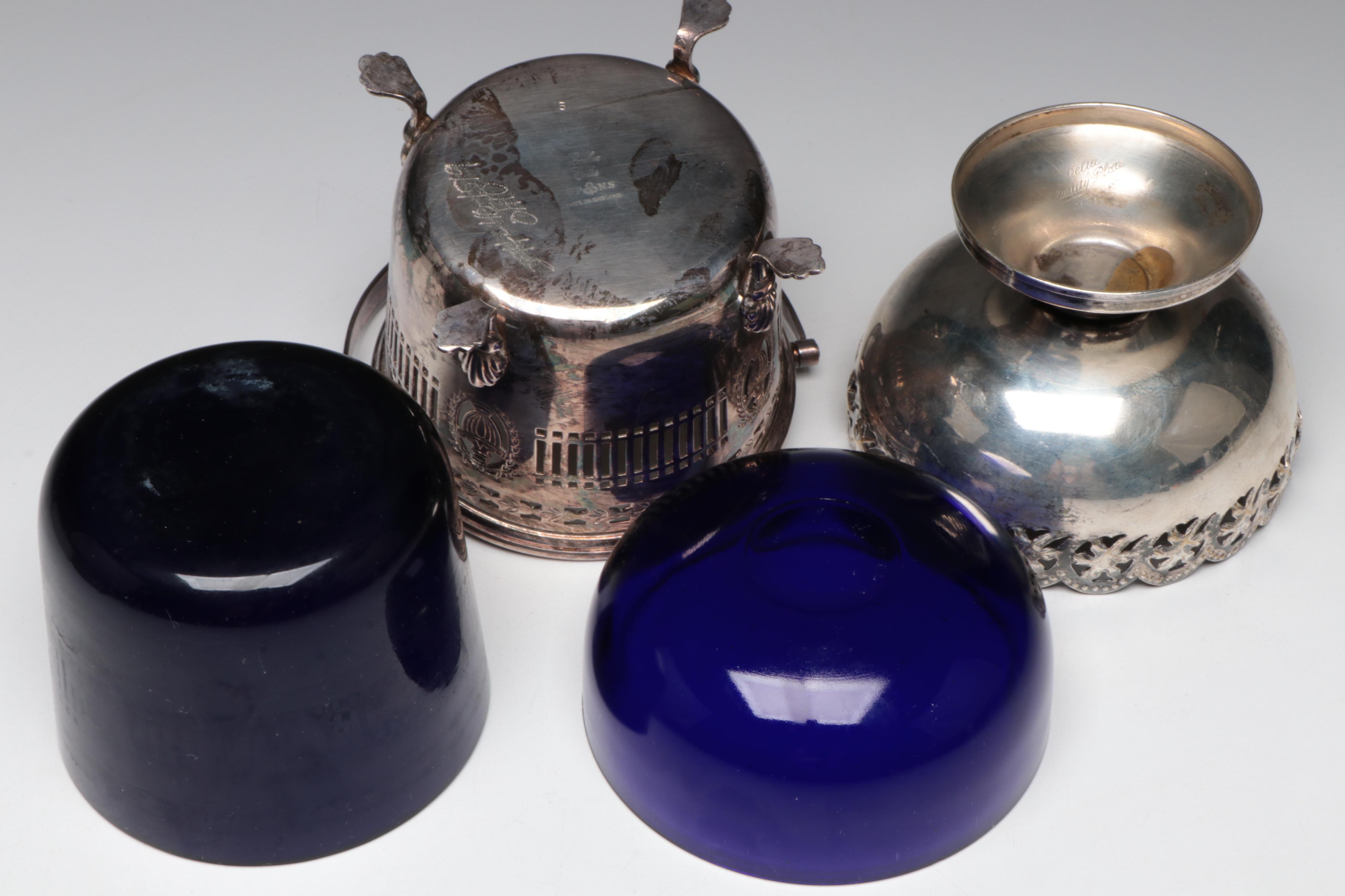 Celtic Quality Silver Plate on Brass Cobalt Glass Bowl with Barker Ellis Basket