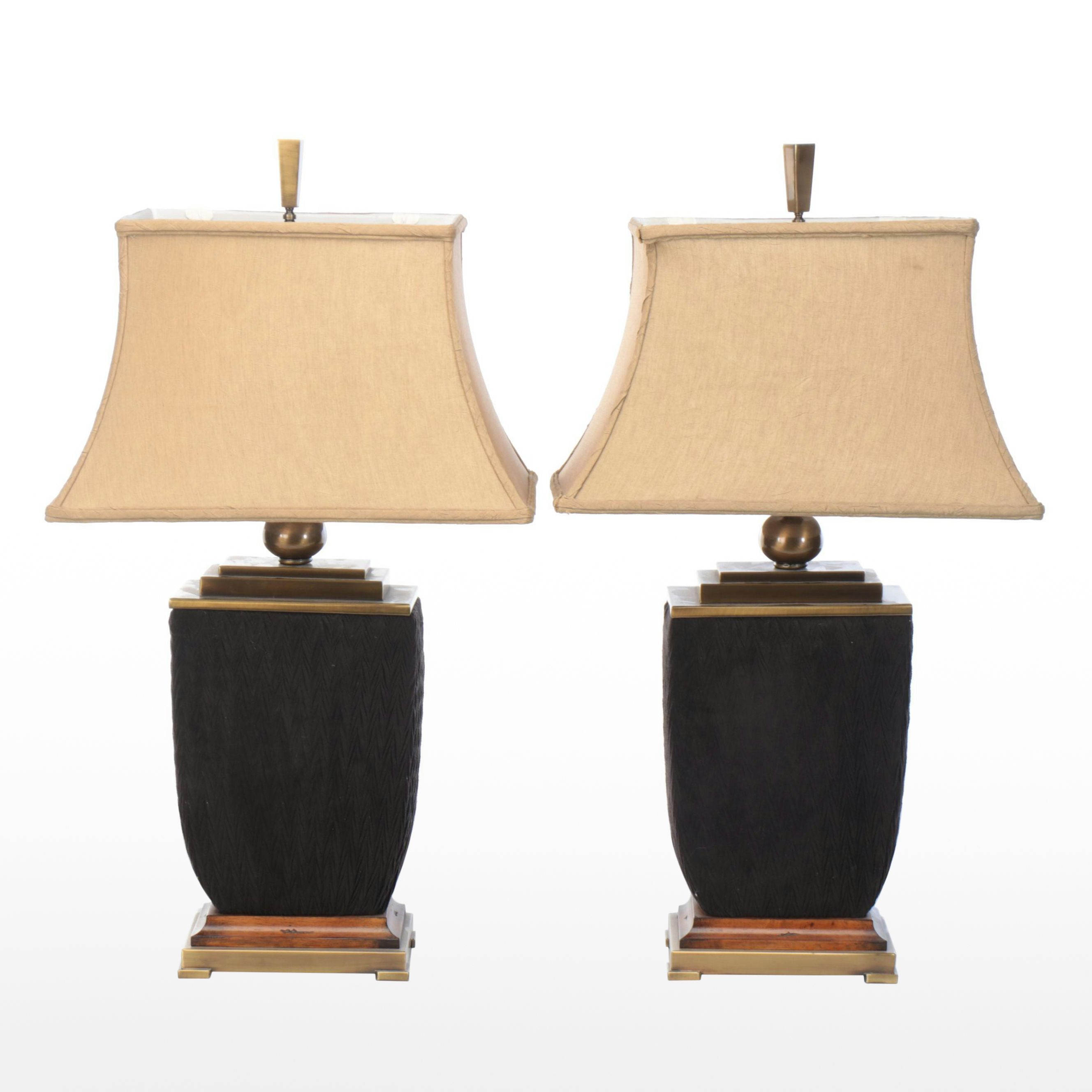 Textured Fabric-Wrapped Urn Table Lamps with Silk Shades, 21st Century