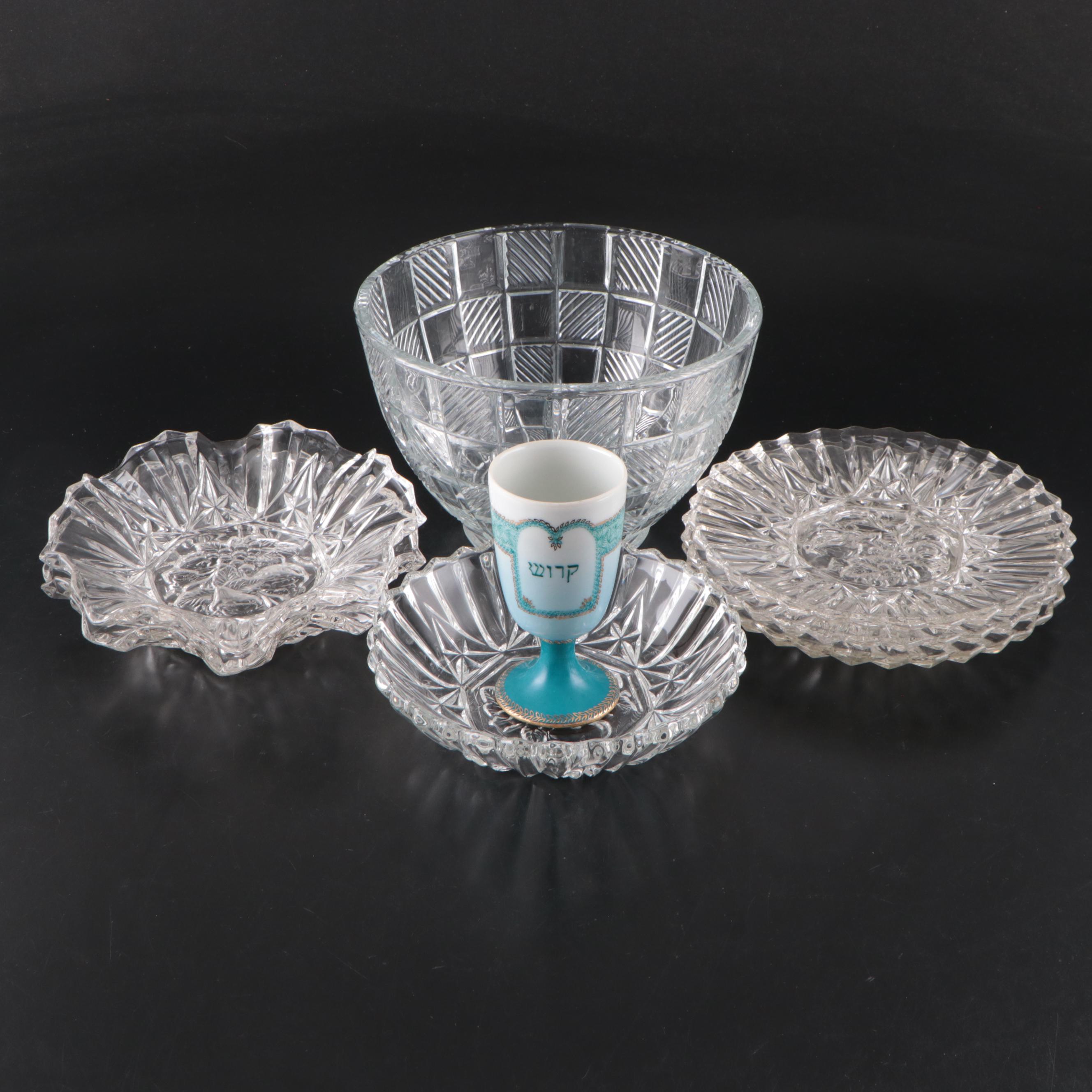 Gloria Nelson Porcelain Kiddush Cup with Federal Glass Bowls and More