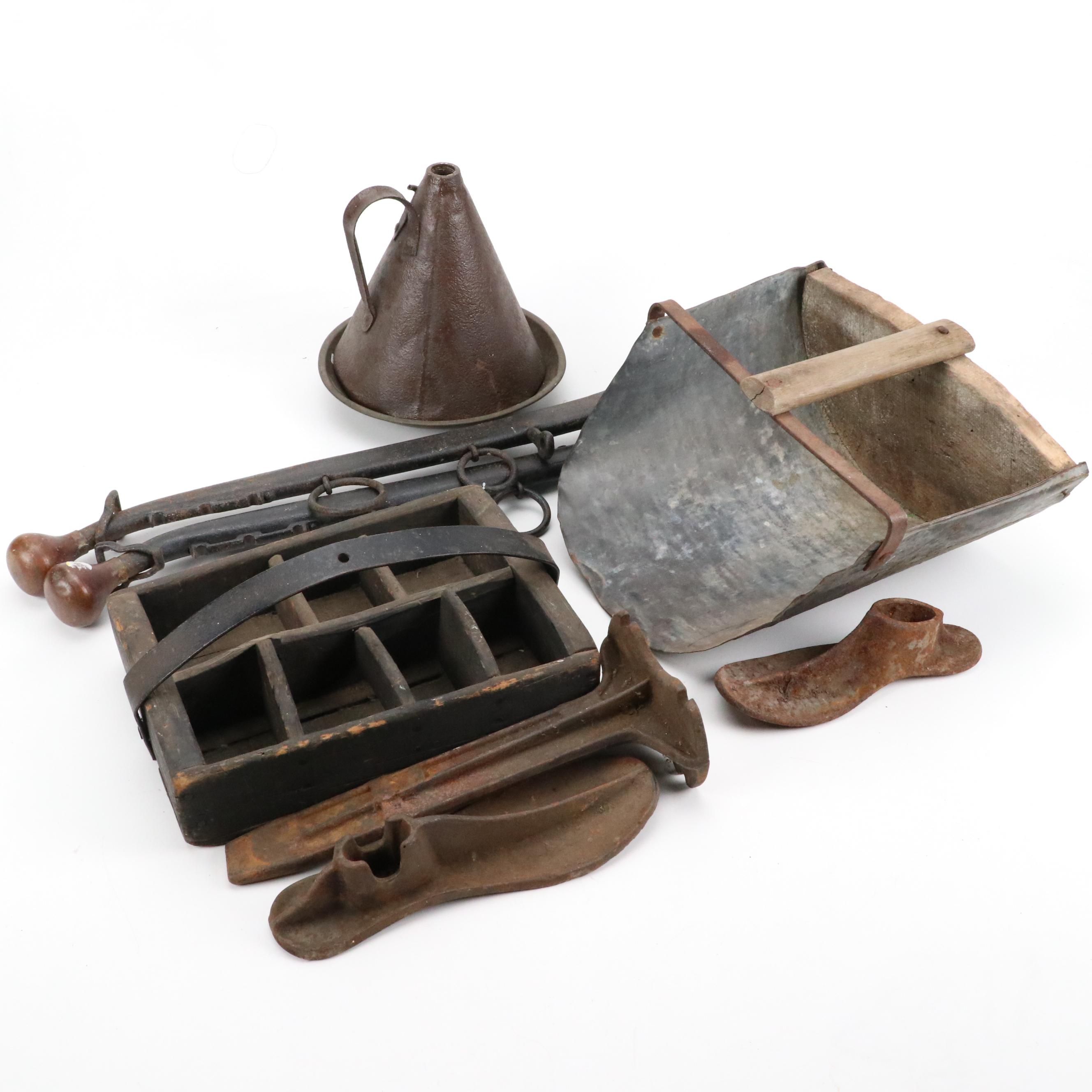 Cast Iron Cobbler Shoe Forms, Grain Scoop, Funnel, Horse Hames and More